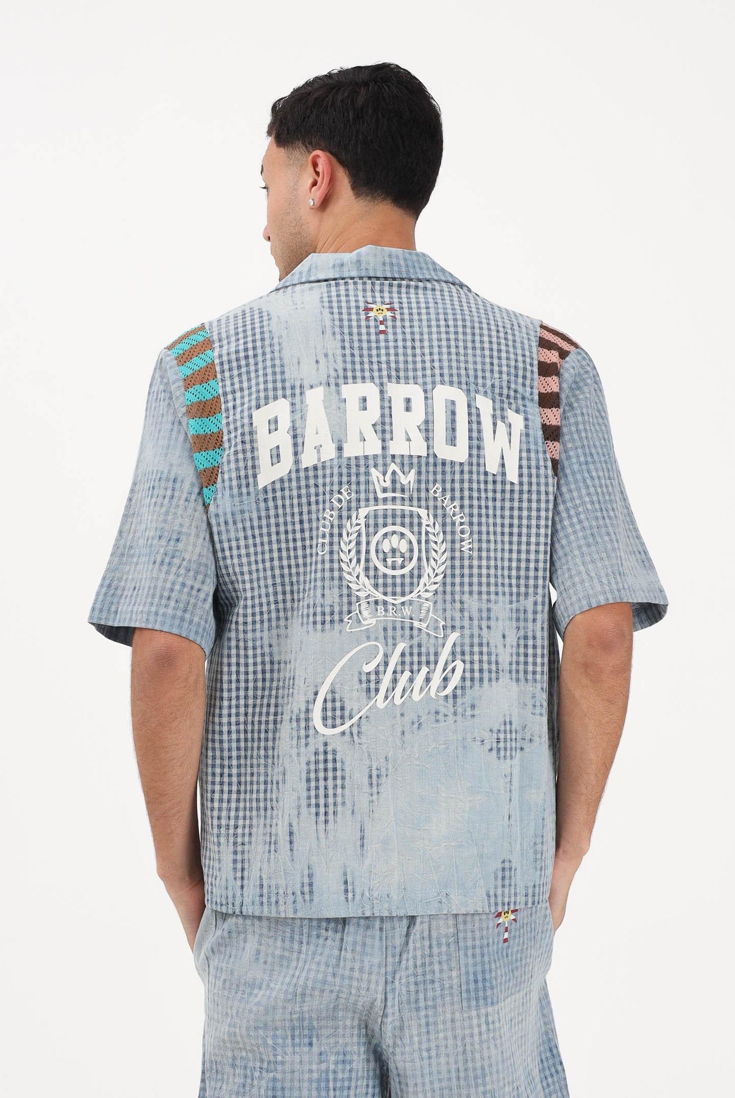 BARROW Camicia a manica corta celeste per uomo e donna con stampa micro check S6BWUASI055 172 BARROW