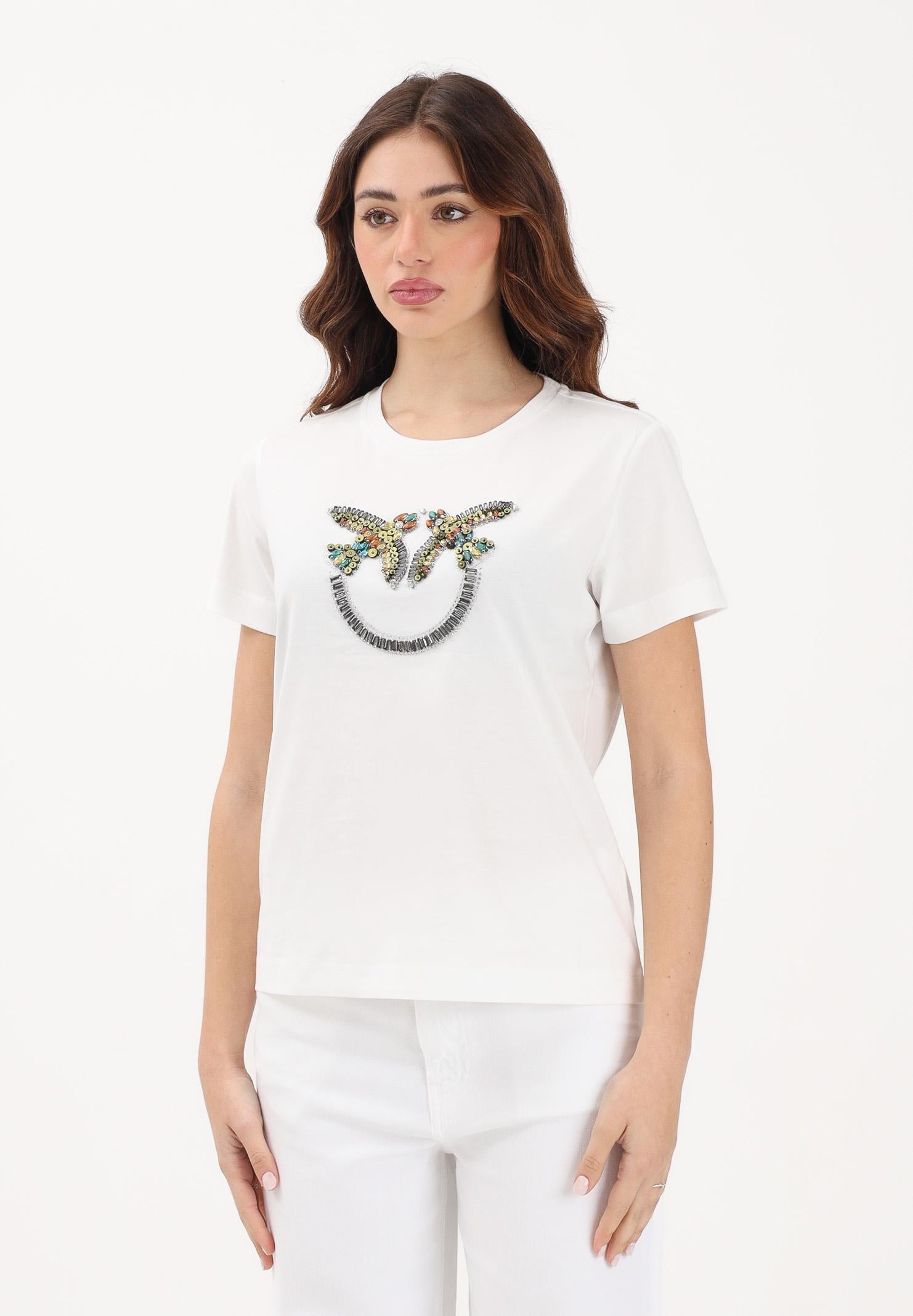 PINKO T-shirt a manica corta bianca da donna con logo Love Birds 100535A33F Z05 PINKO