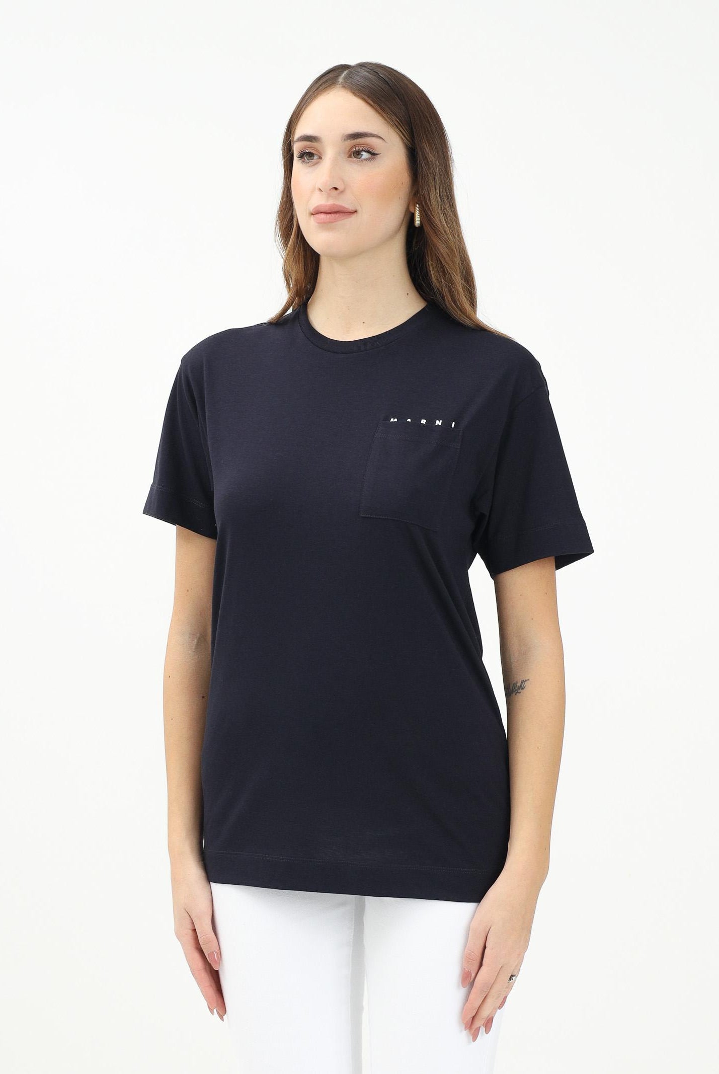 MARNI T-shirt a manica corta blu per donna, ragazzi e bamini con taschino e logo M01415M00RF 0M803 MARNI
