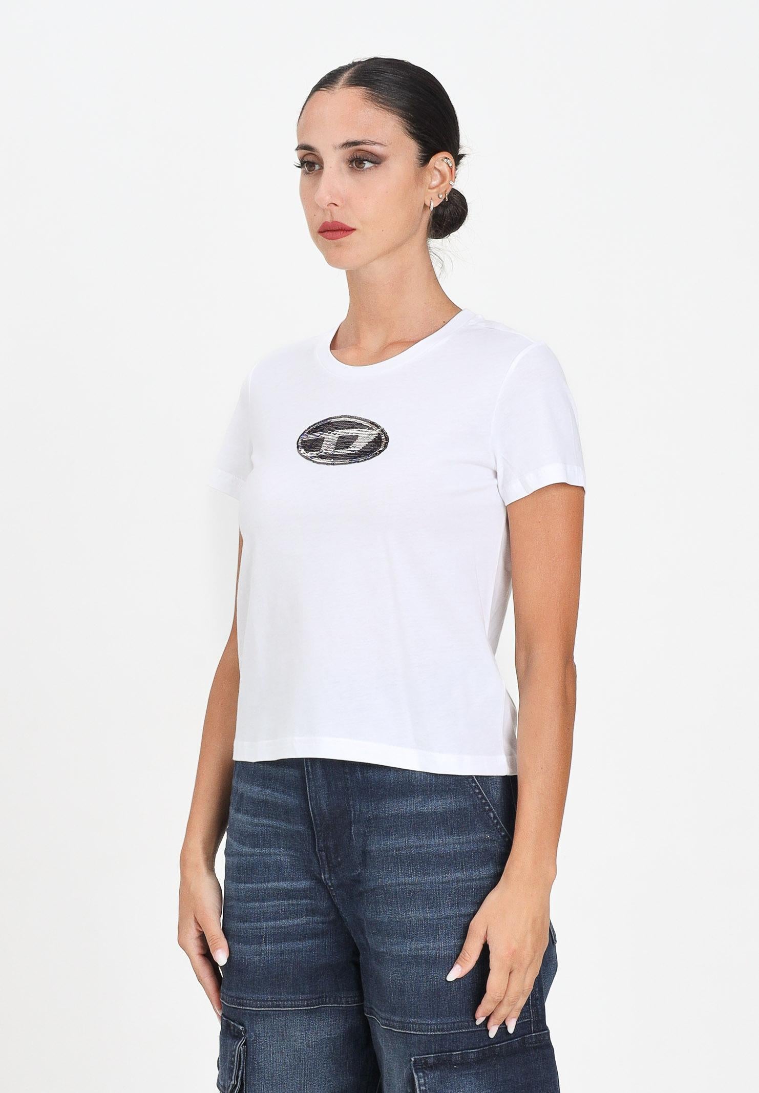 DIESEL T-shirt a manica corta bianca per donna e ragazze con logo in paillettes J02371KYAUN K100 DIESEL