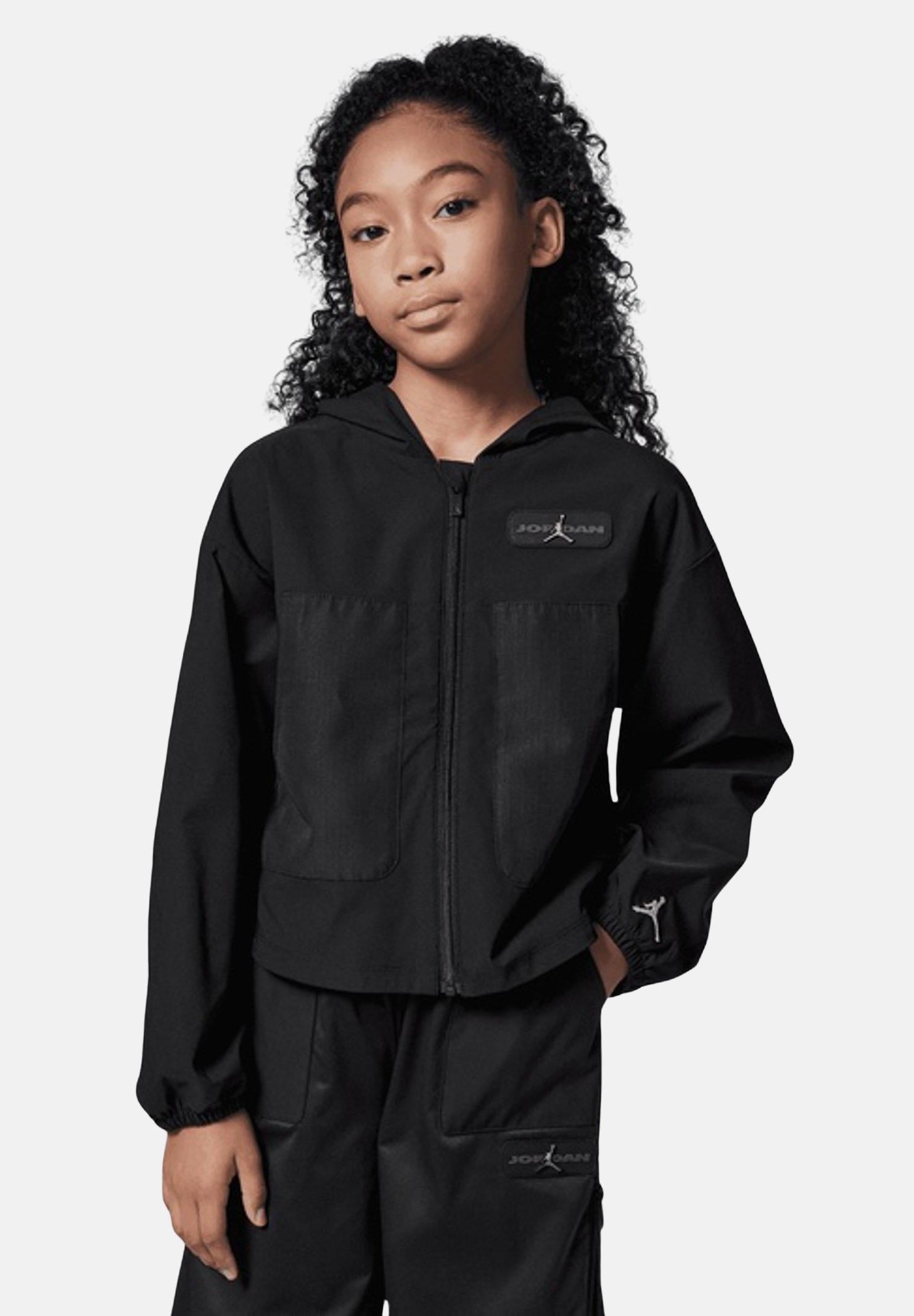 JORDAN Felpa con zip in tessuto utility nera da bambina con logo 45D693 023 JORDAN
