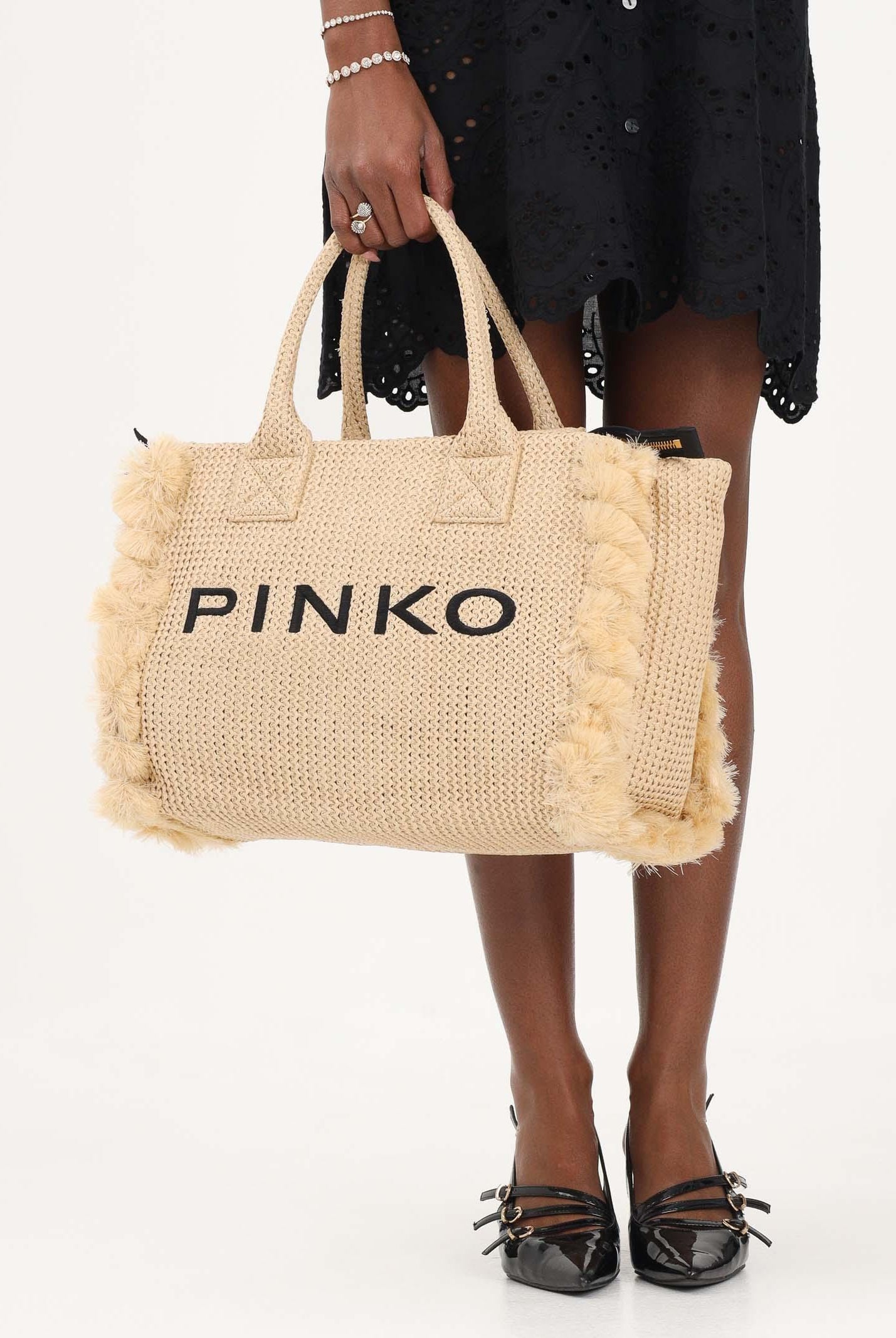 PINKO Borsa a mano in rafia beige da donna con logo 106673A39Y HZ3Q PINKO