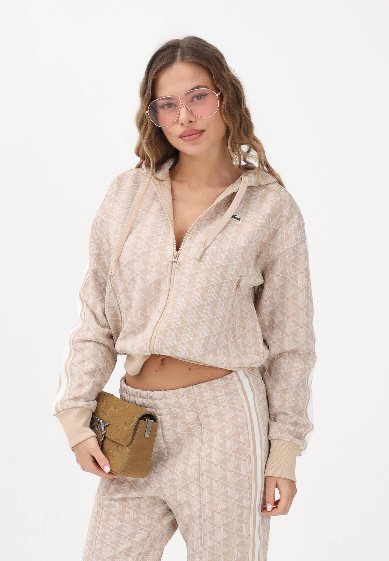 LACOSTE Felpa con zip beige da donna in jacquard con monogramma SF7606 8GI LACOSTE
