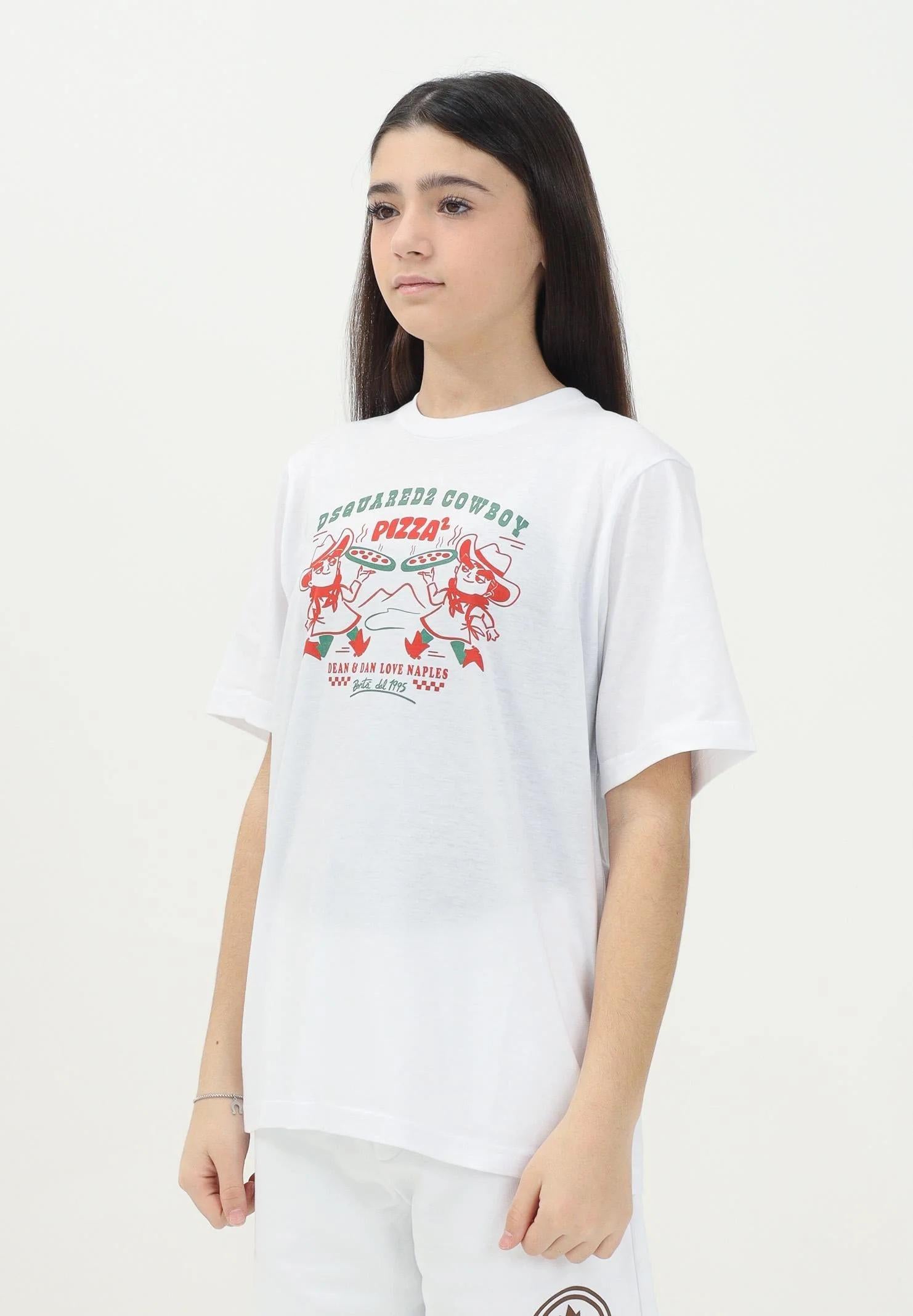 DSQUARED2 T-shirt a manica corta bianca per donna, ragazzi e bambini con grafica originale "Cowboy Pizza" DQ2975D004G DQ100 DSQUARED2