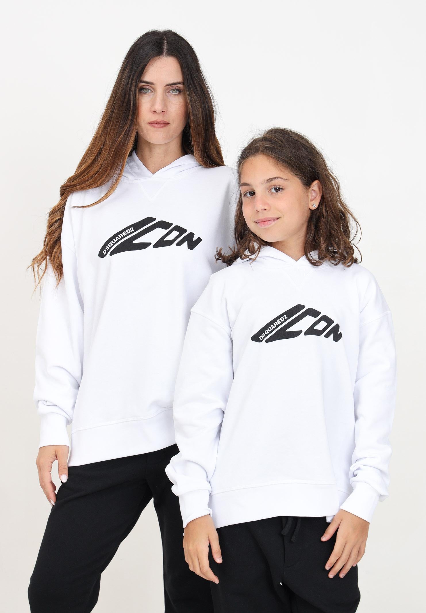 Felpa con cappuccio bianca per donna e bambina con stampa Icon DQ2664D003G DQ100 DSQUARED2