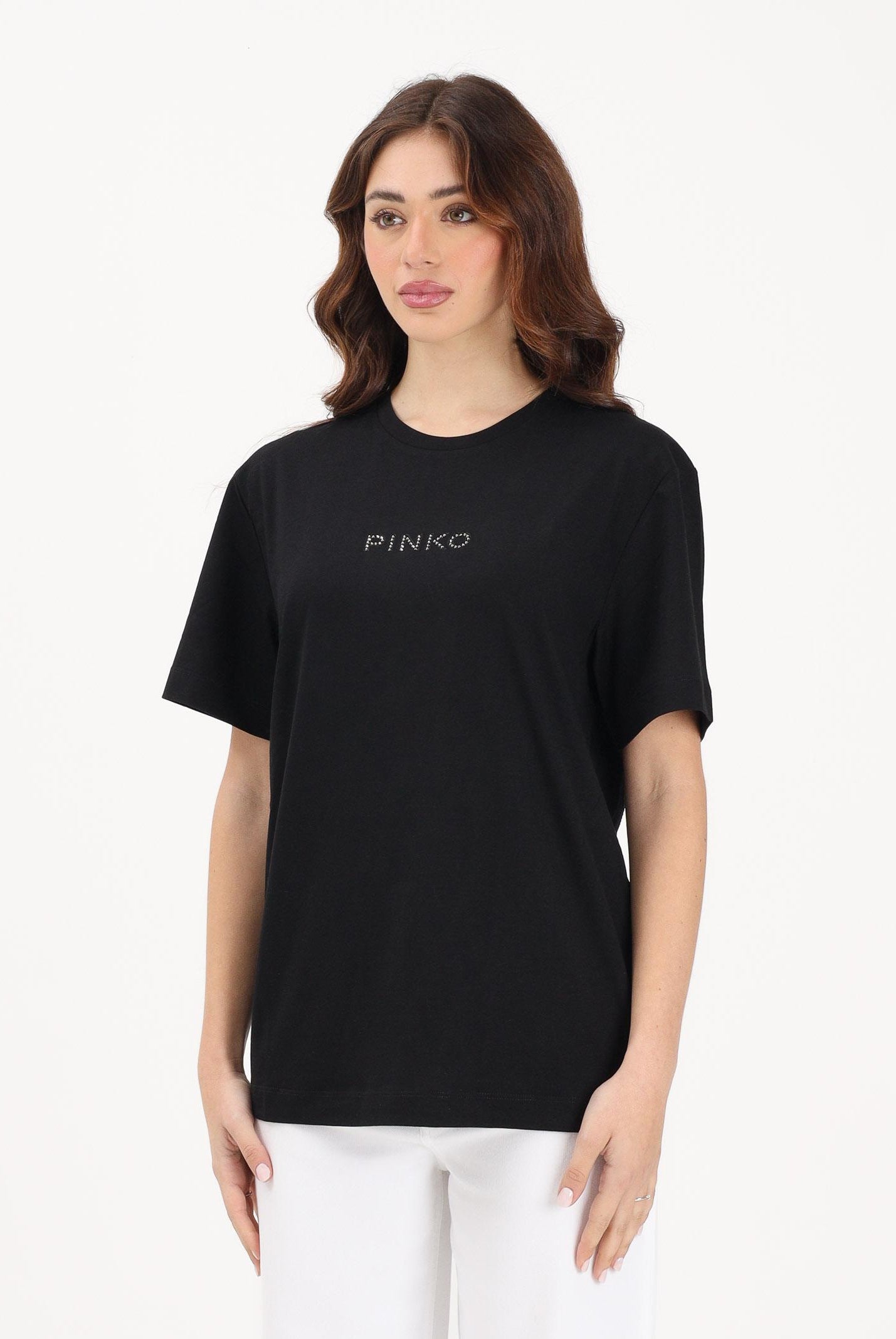 PINKO T-shirt a manica corta nera da donna con maxi scritta in strass 105526A33S Z99 PINKO