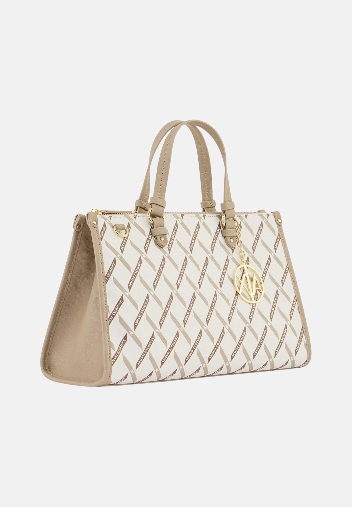 ARMANI EXCHANGE Borsa a mano bianca e beige da donna con logo all-over XW000400AF17155 M1245 ARMANI EXCHANGE