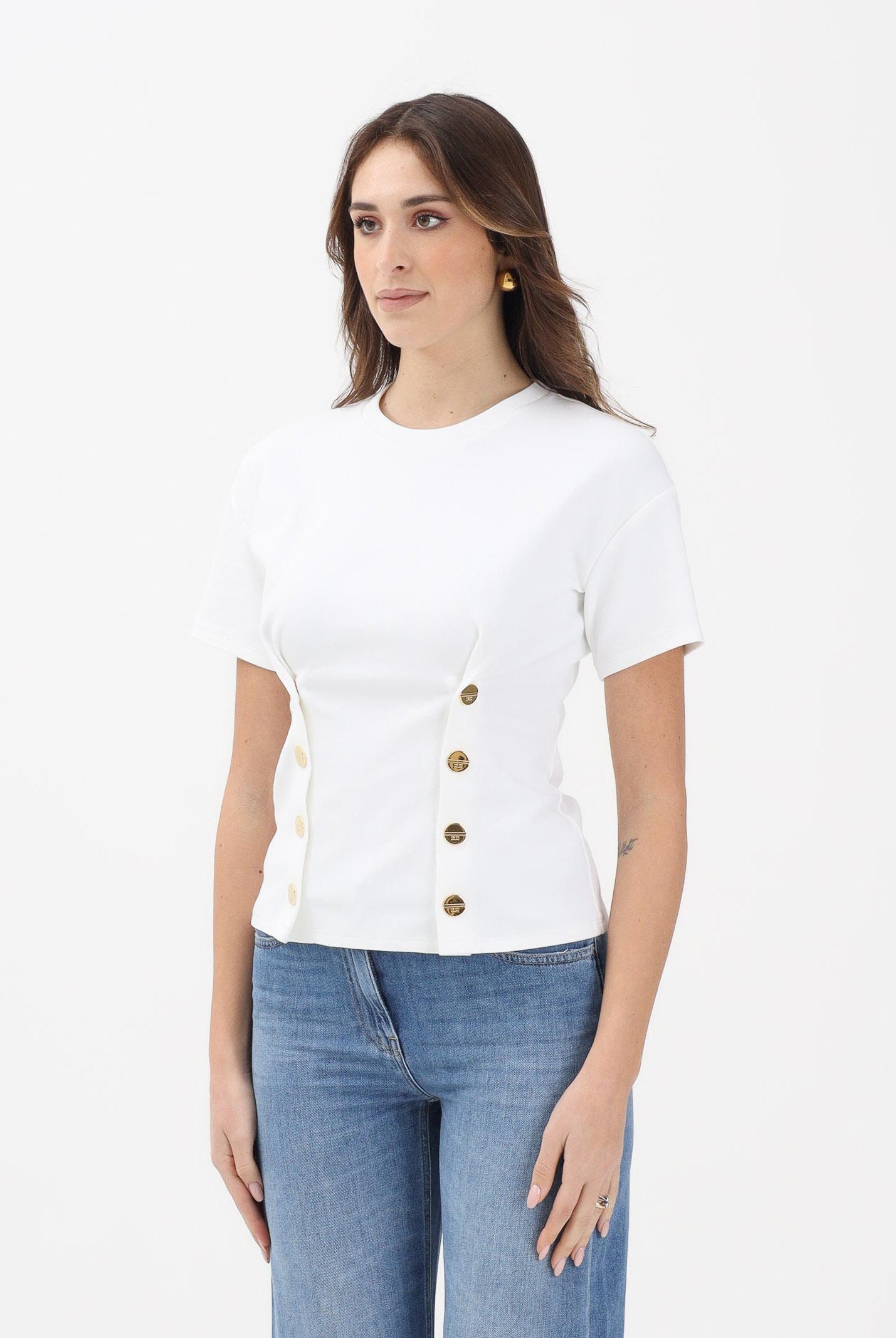 ELISABETTA FRANCHI T-shirt a manica corta bianca da donna con applicazioni di bottoni decorativi MA00461E2 270 ELISABETTA FRANCHI