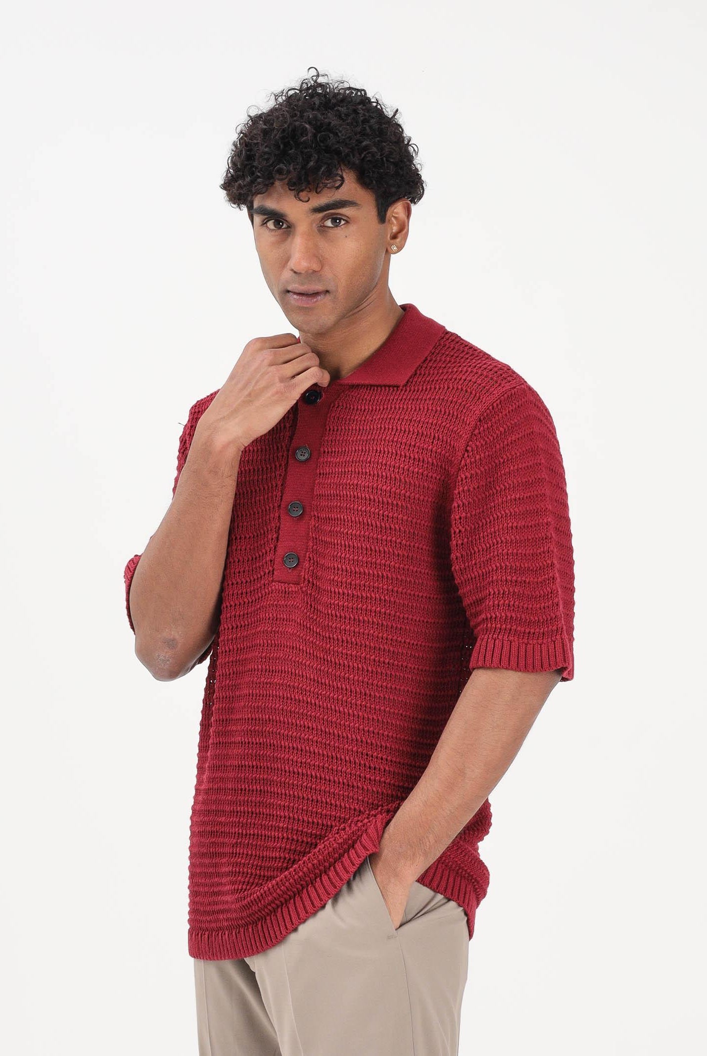 I'M BIRAN Polo bordeaux da uomo in tessuto lavorato a maglia traforata MA3604 0029 I'M BRIAN