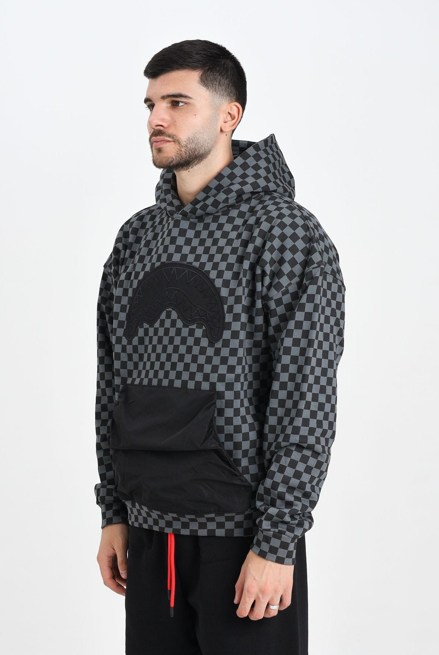 SPRAYGROUND Felpa con cappuccio grigia e nera da uomo rifinita da Shark SP823GBLK SPRAYGROUND
