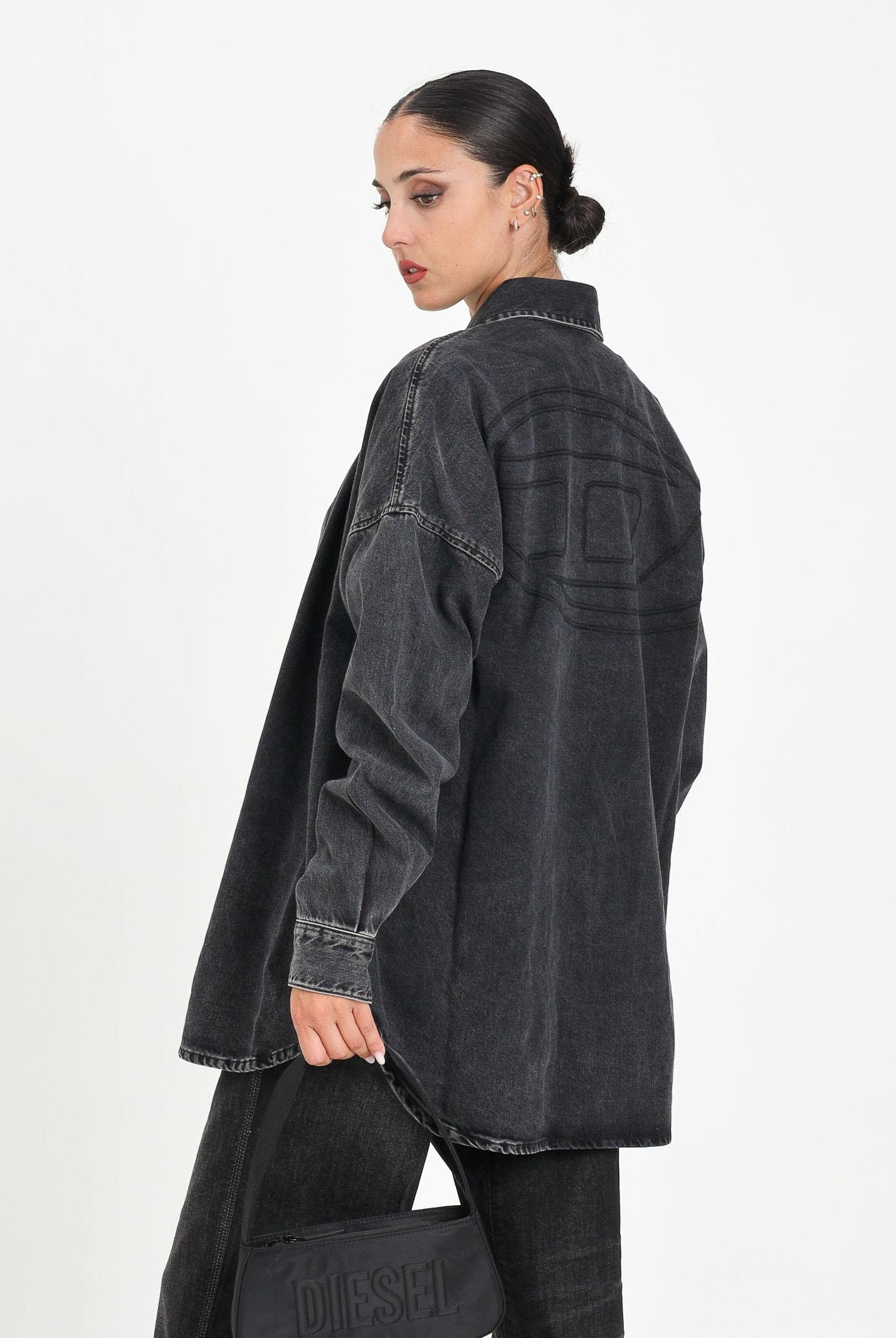 DIESEL Camicia a manica lunga in denim nero per donna, ragazzi e bambini con maxi logo Oval D J02307KXBPT K02 DIESEL