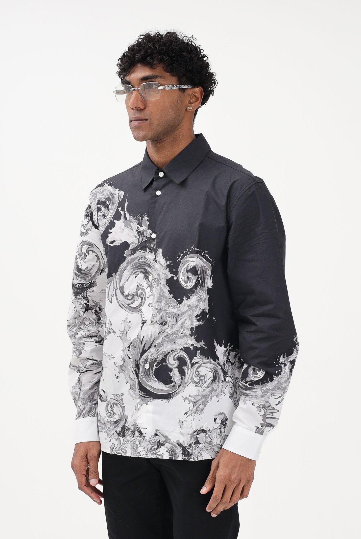 VERSACE JEANS COUTURE Camicia a manica lunga nera da uomo con stampa "Wave Couture" 80GAL2RBNS784 V22 VERSACE JEANS COUTURE