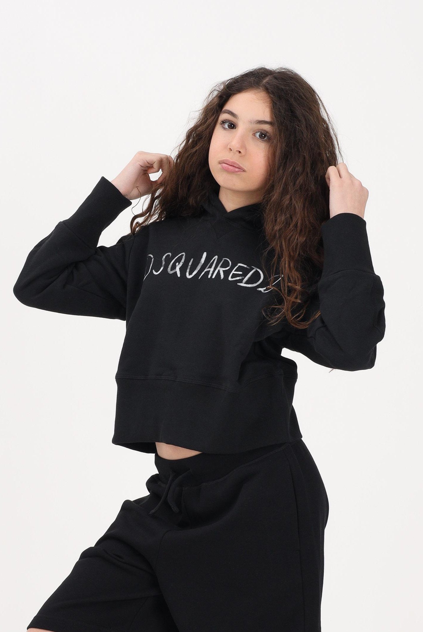 DSQUARED2 Felpa con cappuccio nera per donna, ragazzi e bambini rifinita da logo DQ3179D0AGQ DQ900 DSQUARED2