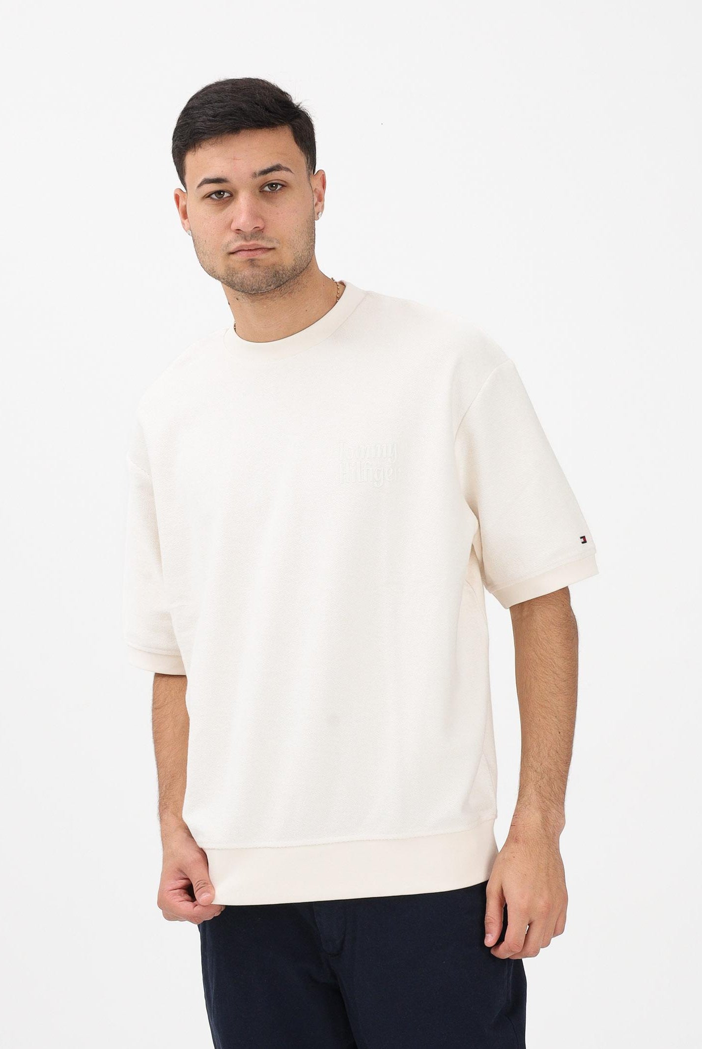 TOMMY HILFIGER T-shirt a manica corta panna da uomo con ricamo logo MW0MW41430 Z00 TOMMY HILFIGER