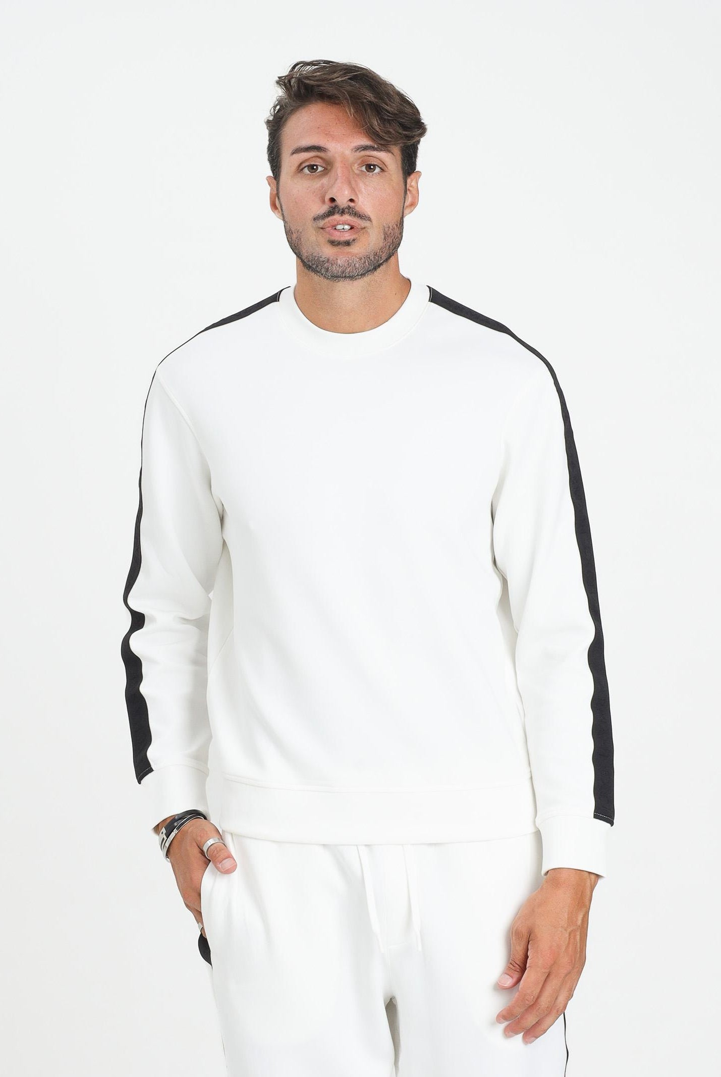 ARMANI EXCHANGE Felpa girocollo bianca da uomo impreziosita da bande laterali logate XM001296AF10818 U0009 ARMANI EXCHANGE