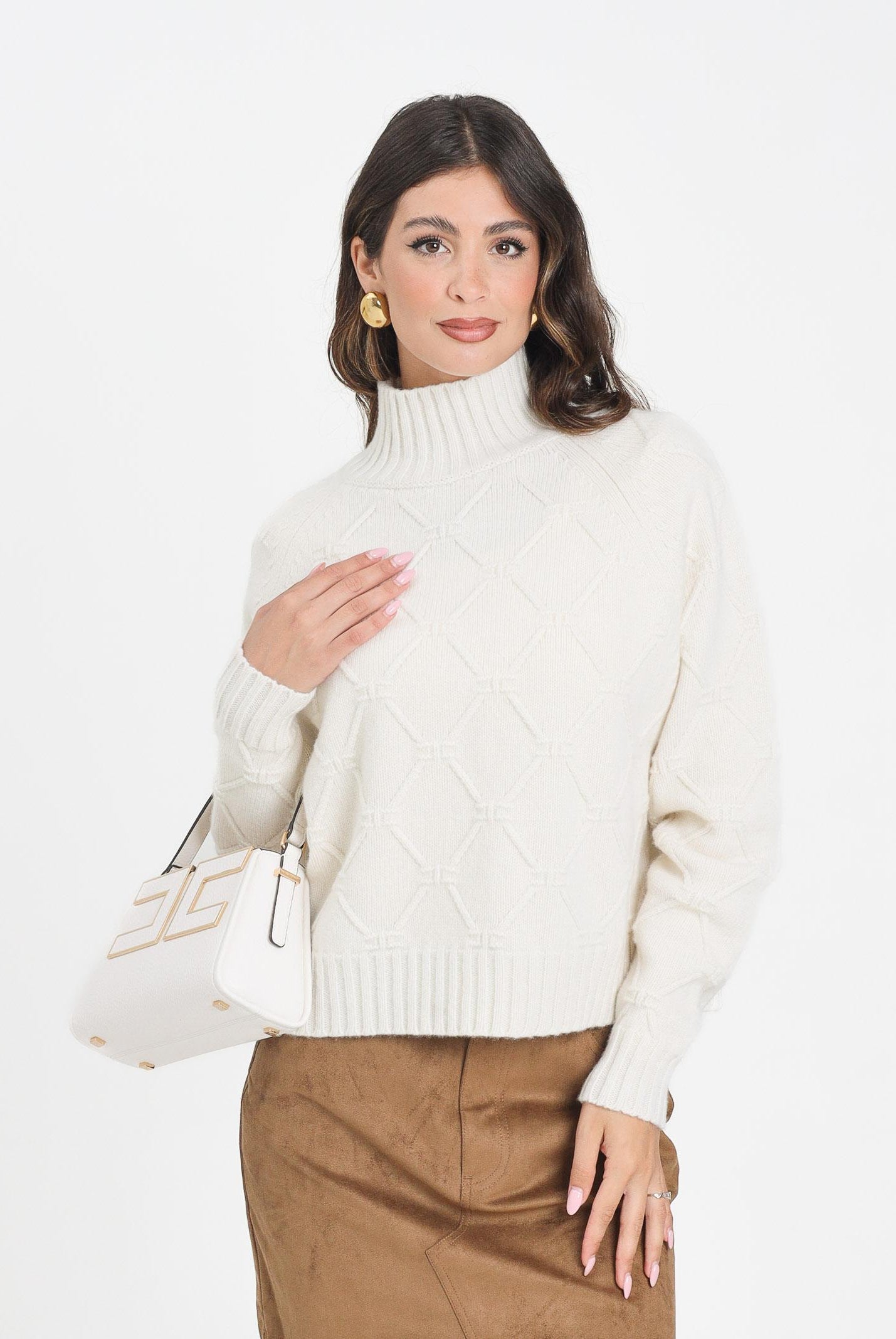 ELISABETTA FRANCHI Maglione a collo alto panna da donna con losanghe jacquard MK55T57E2 DZ9 ELISABETTA FRANCHI