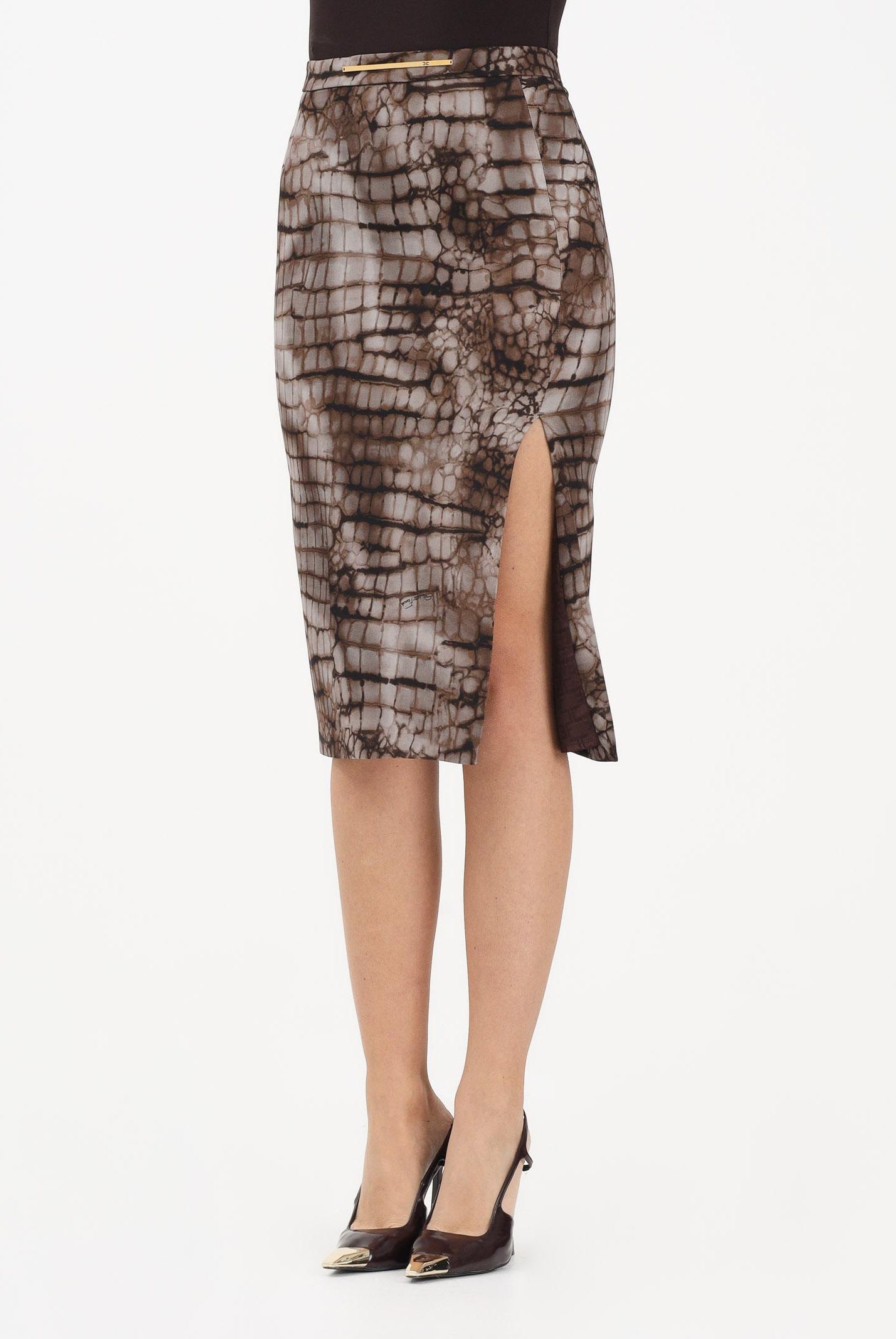 ELISABETTA FRANCHI Gonna midi cacao da donna con stampa alligatore<BR/> GO14961E2 644 ELISABETTA FRANCHI