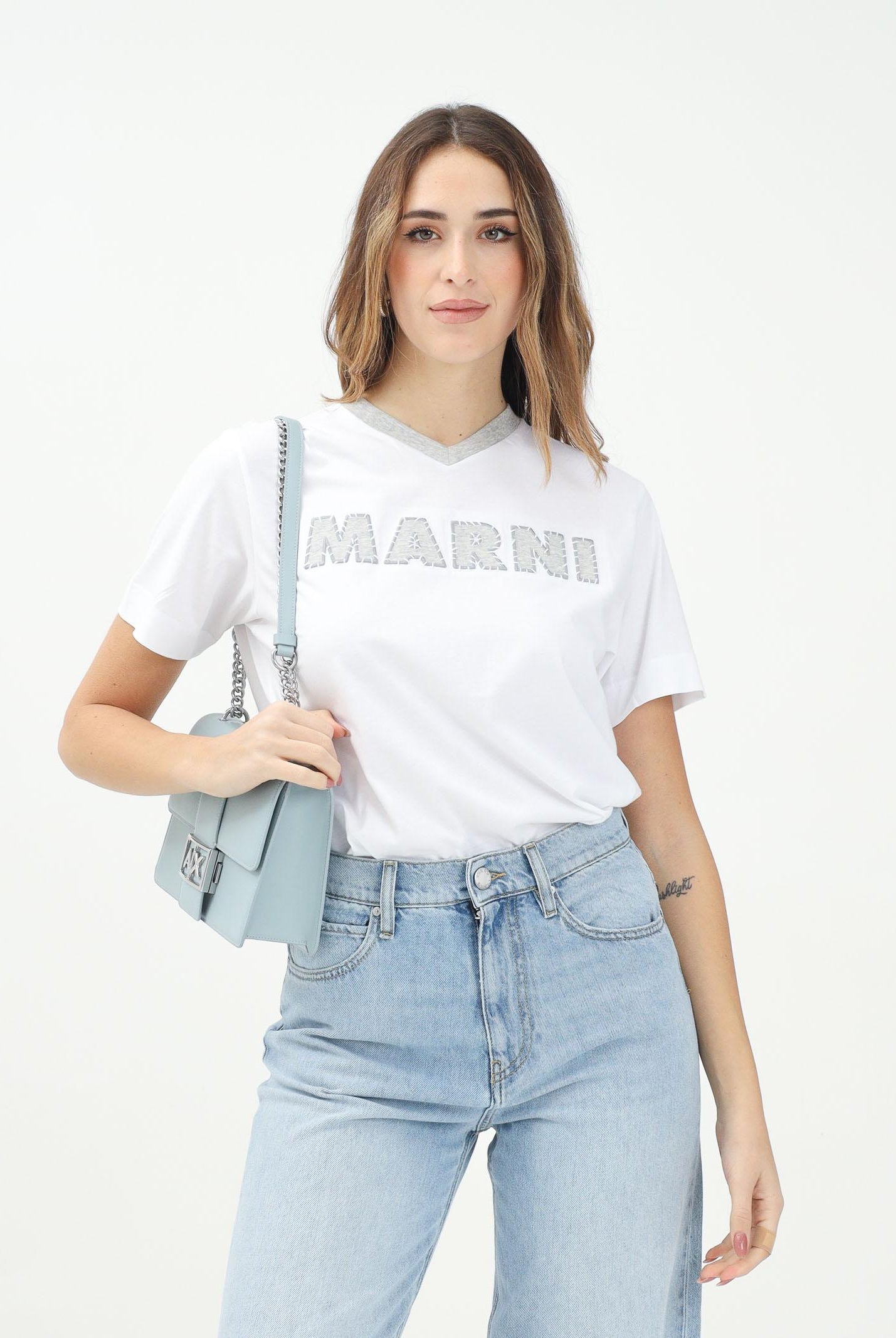 MARNI T-shirt a manica corta bianca per donna, ragazzi e bambini con logo a contrasto M01412M00HZ 0M100 MARNI