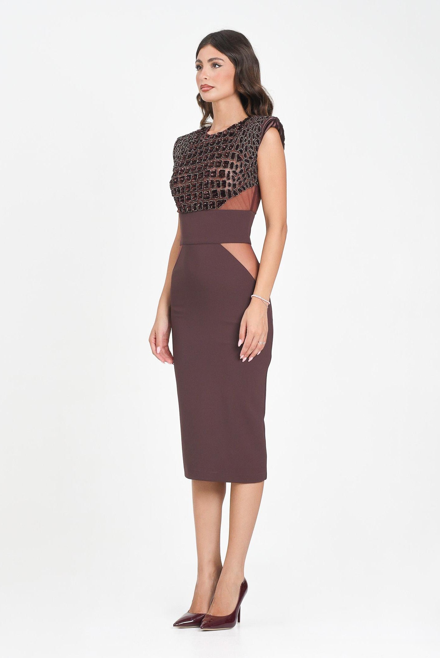 ELISABETTA FRANCHI Abito midi bordeaux da donna con ricami cocco AB83457E2 EA4 ELISABETTA FRANCHI