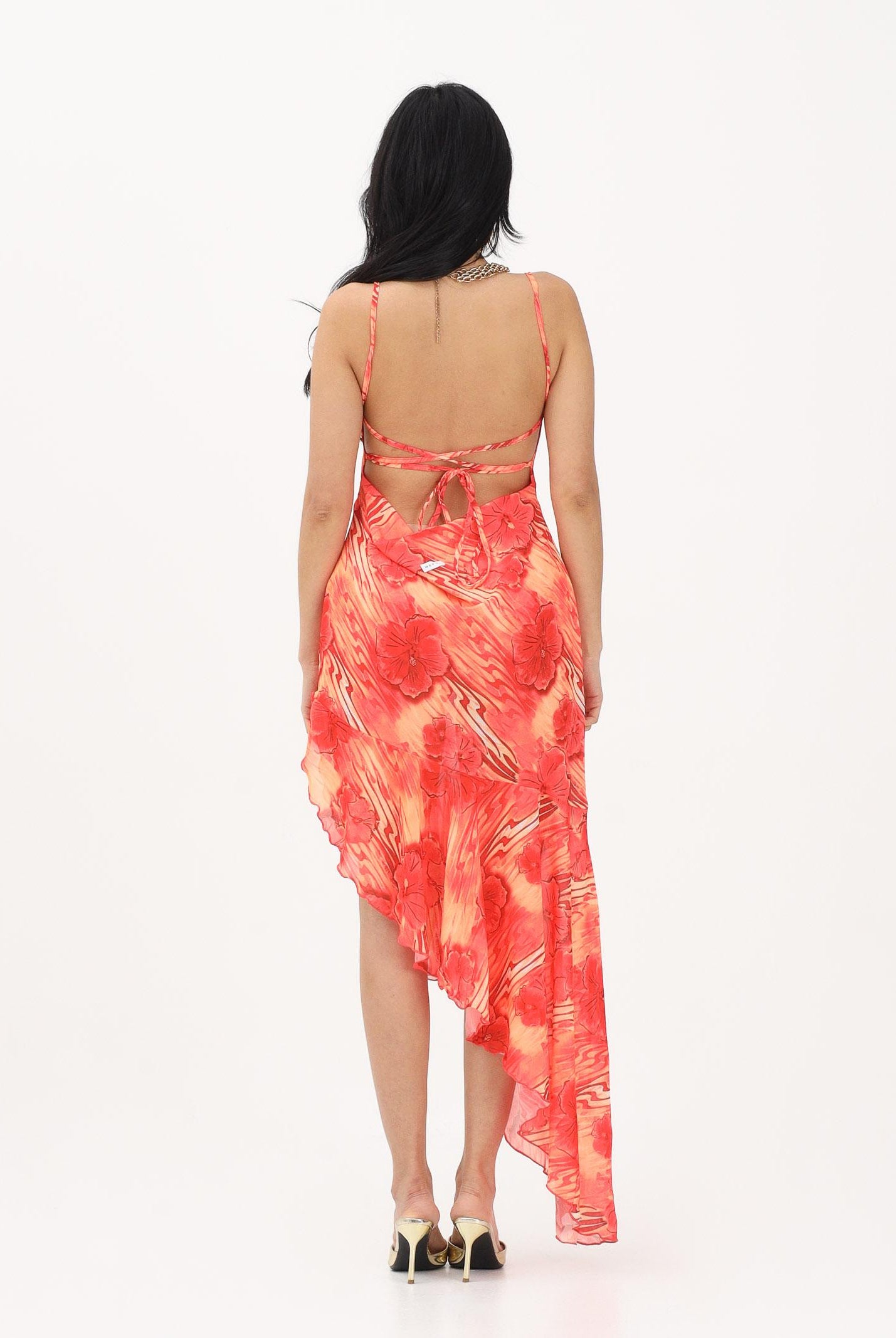 ME FUI Abito asimmetrico da donna caratterizzato da stampa floreale nei toni del rosso e arancio MF26-SW0306X11 . ME FUI