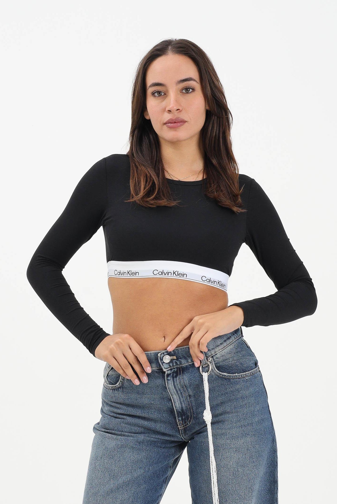 CALVIN KLEIN Top a maniche lunghe nero da donna con elastico logato LV00QF8600 UB1 CALVIN KLEIN