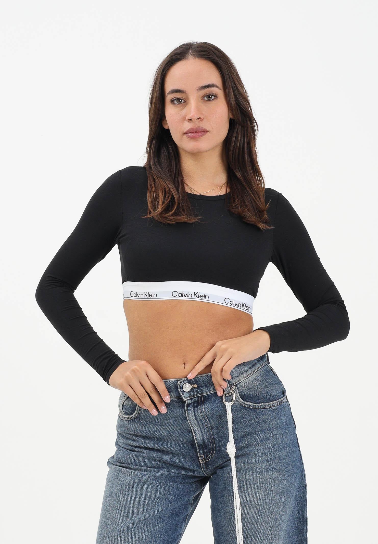 CALVIN KLEIN Top a maniche lunghe nero da donna con elastico logato LV00QF8600 UB1 CALVIN KLEIN