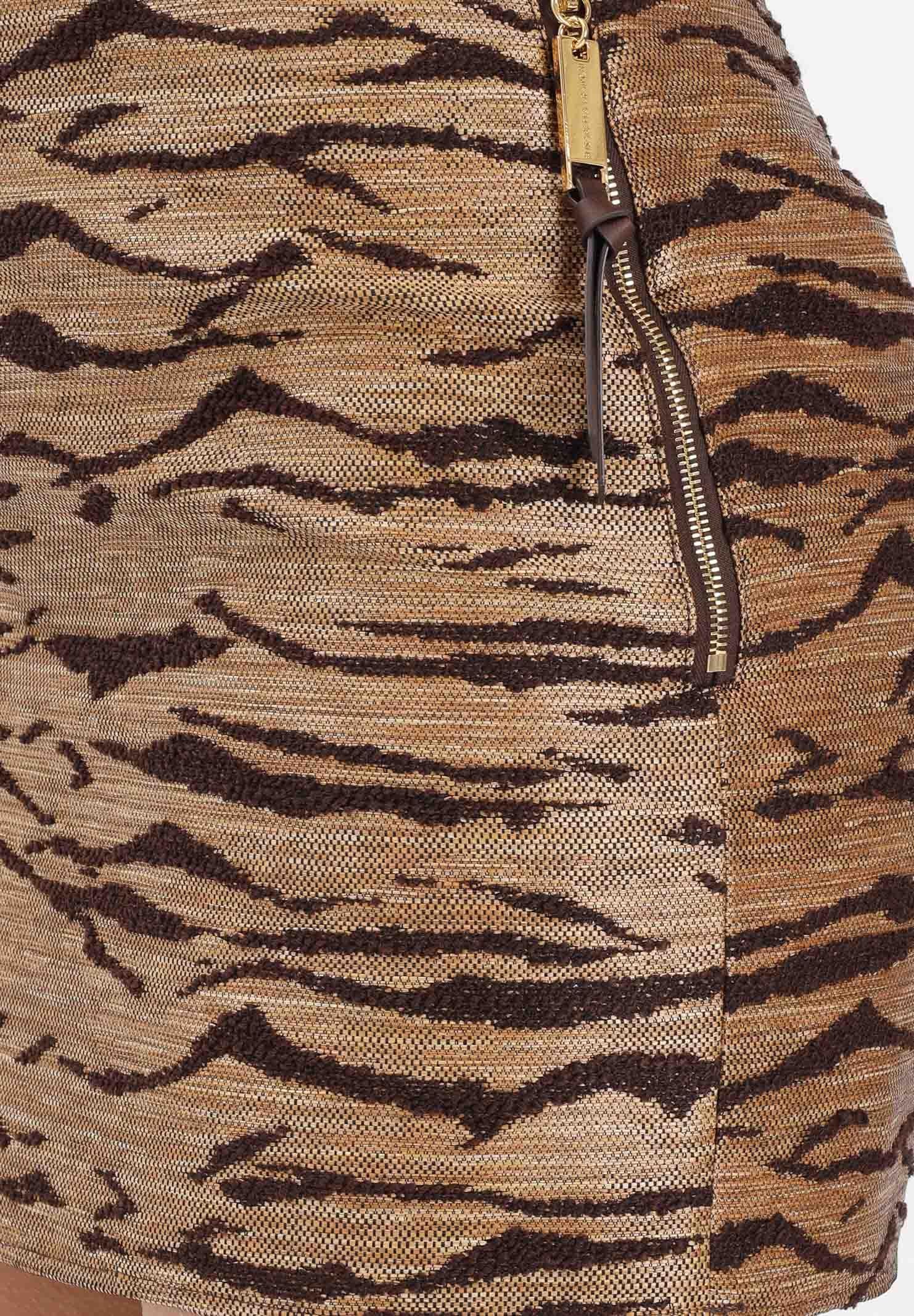 ELISABETTA FRANCHI Gonna corta beige da donna in tessuto effetto rafia con stampa tigre GO17762E2 470 ELISABETTA FRANCHI