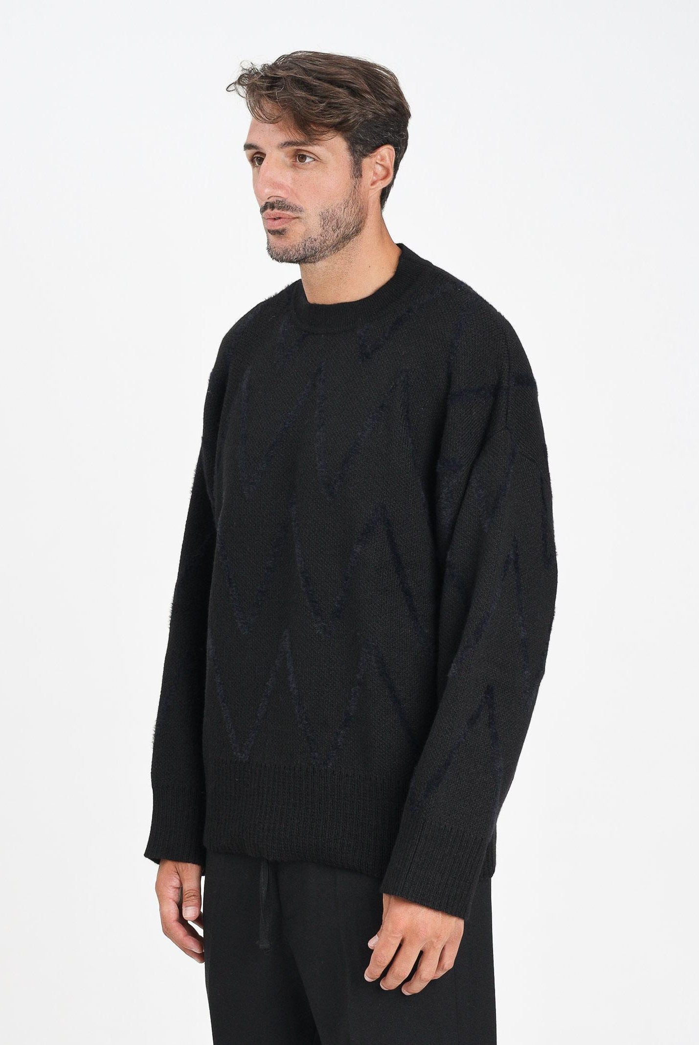 I'M BRIAN Maglione girocollo nero da uomo con motivo zig-zag MA3402 009 I'M BRIAN