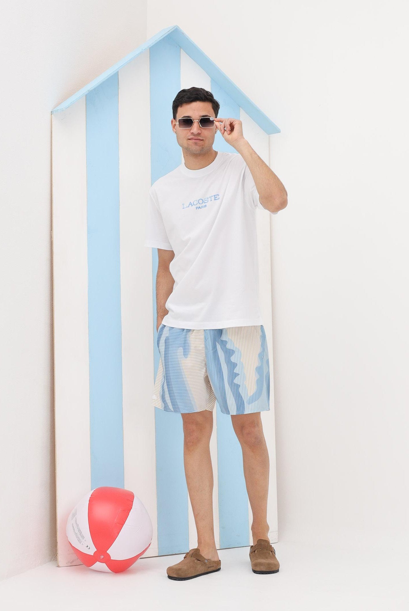 LACOSTE Shorts mare panna e azzurro da uomo con stampa MH1902 3IY LACOSTE