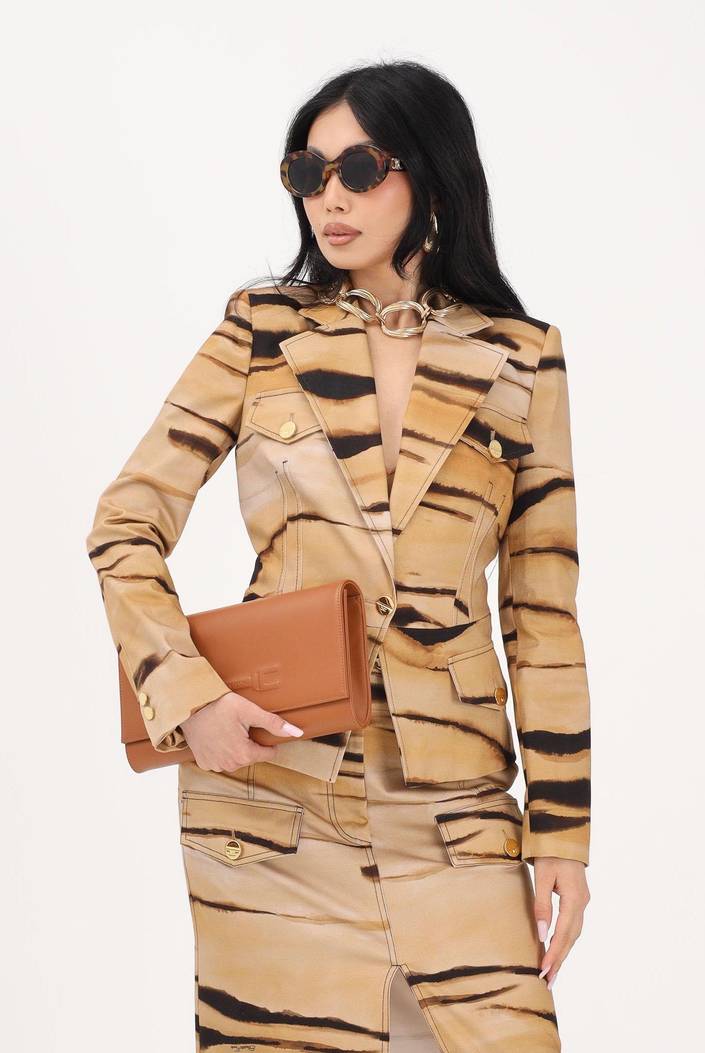 ELISABETTA FRANCHI Giacca monopetto beige da donna con stampa tigre<BR/> GI23762E2 470 ELISABETTA FRANCHI