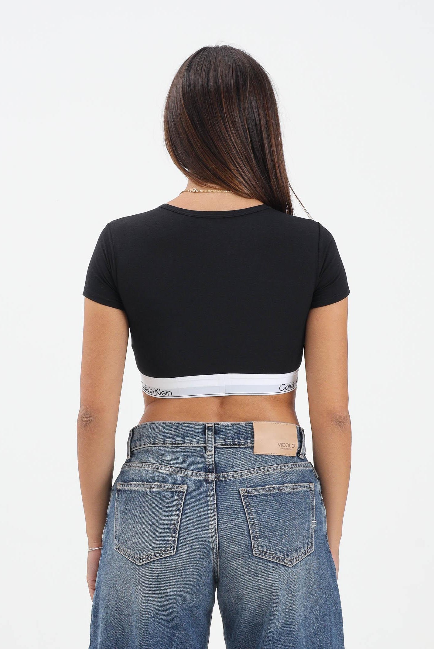 CALVIN KLEIN T-shirt a manica corta nera da donna con banda logata LV00QF8495 UB1 CALVIN KLEIN