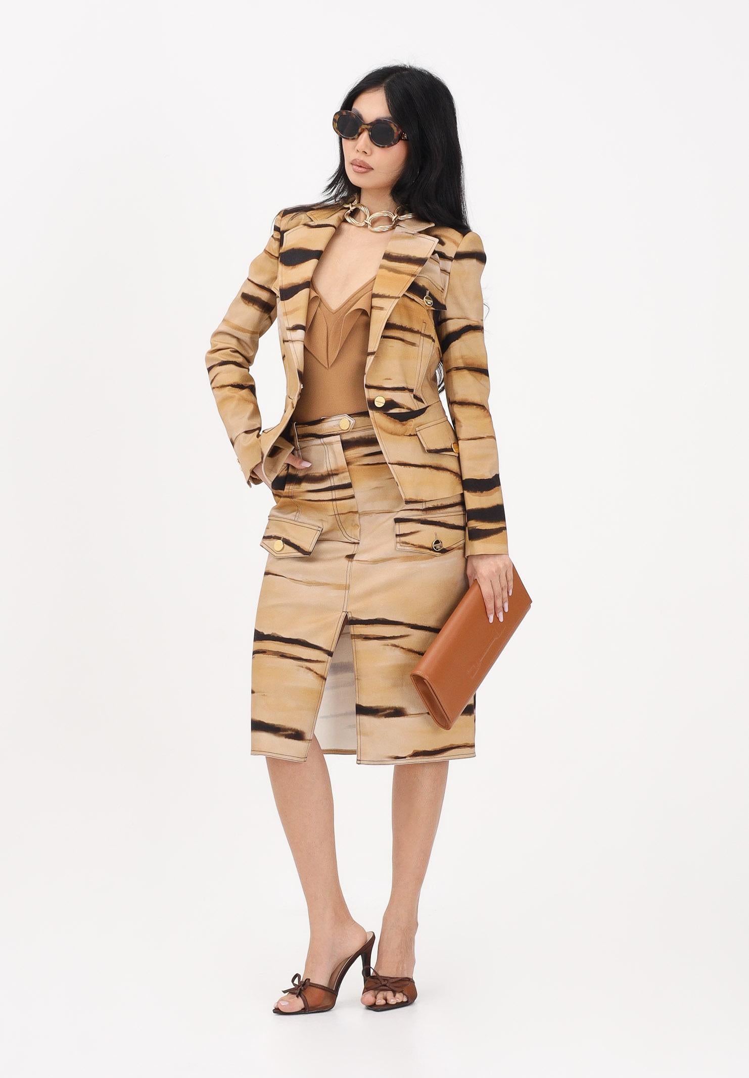 ELISABETTA FRANCHI Gonna midi beige da donna con stampa tigre<BR/> GO18362E2 470 ELISABETTA FRANCHI