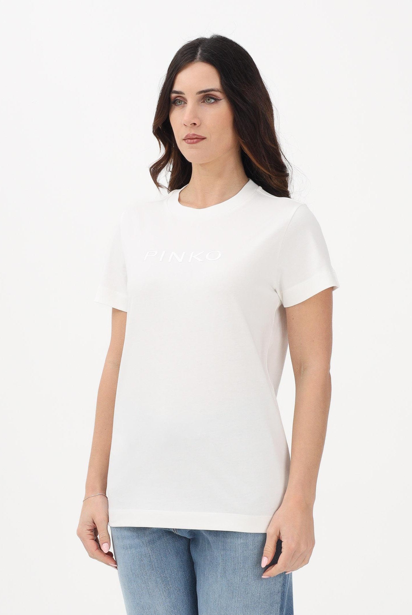PINKO T-shirt a manica corta bianca da donna con ricamo logo 101752A339 Z05 PINKO