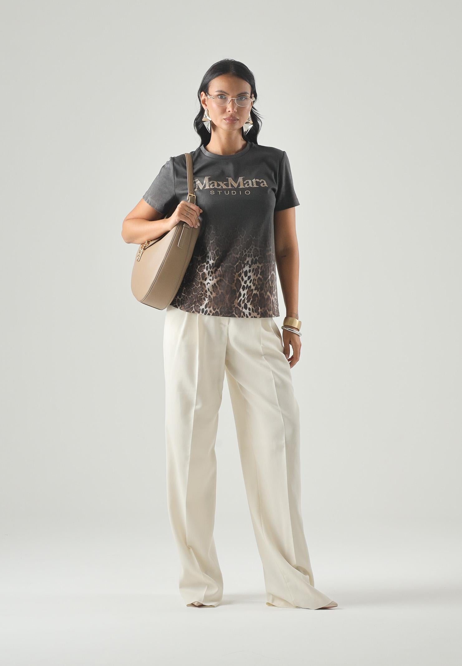 MAX MARA STUDIO T-shirt girocollo color Nero, nero con stampa animalier marrone e beige, da donna. 2626976011600 005 MAX MARA