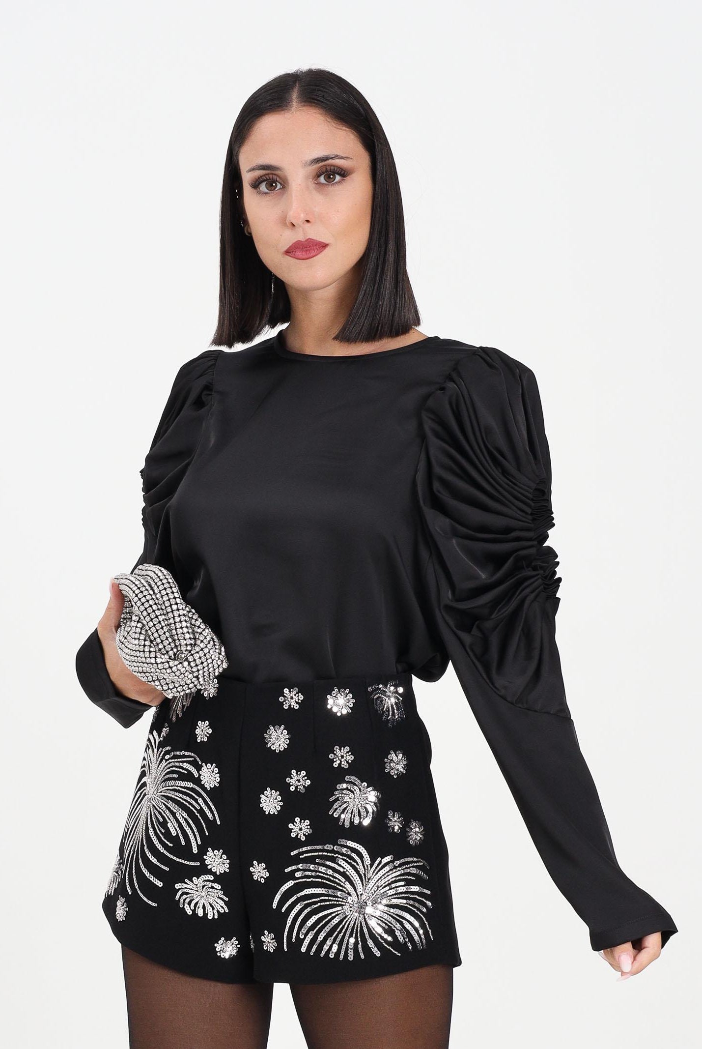 TPN Blusa Wilbur nera da donna in tessuto satinato con cut-out alle maniche WILBUR232W5 D6 TPN