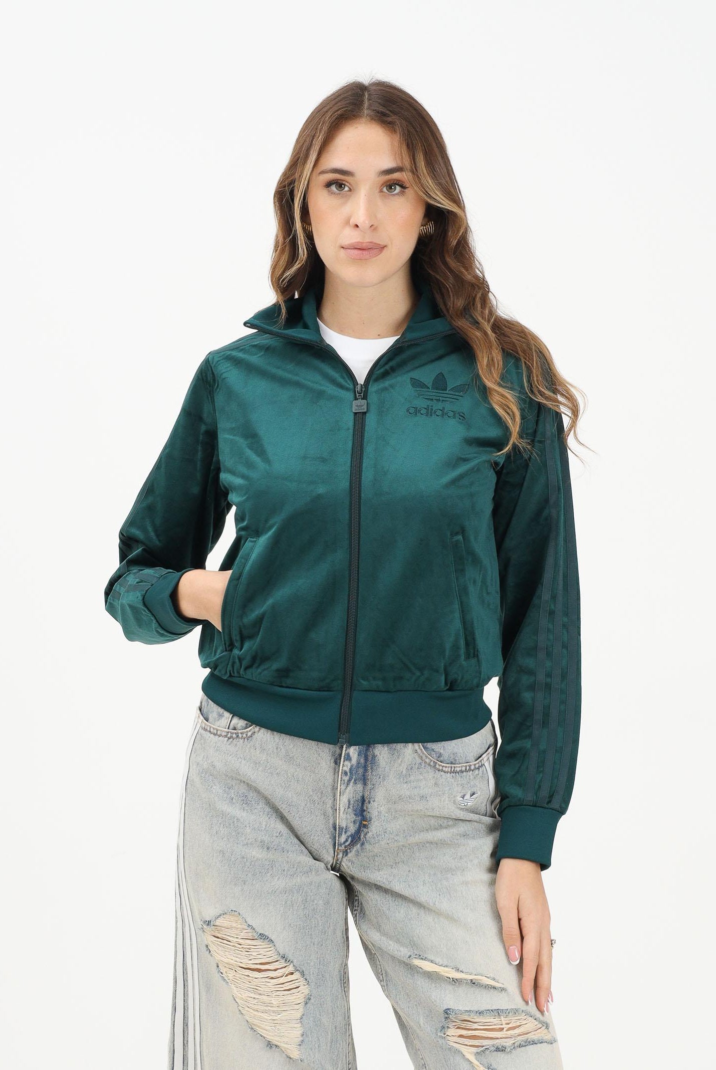 ADIDAS ORIGINALS Felpa con zip Adicolor Velour verde da donna JY2589 ADIDAS ORIGINALS