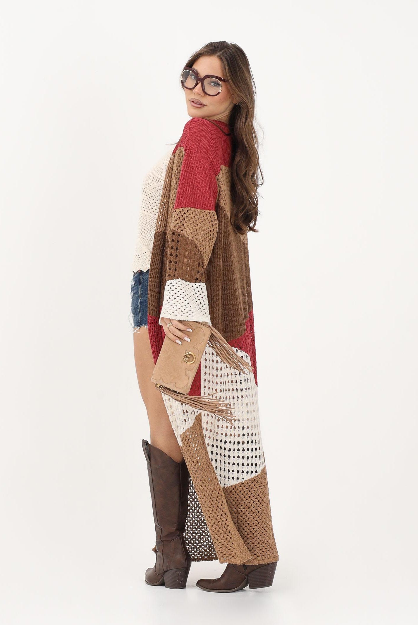 AKEP Cardigan lungo multicolore da donna in maglia traforata MGKD13070 V1 AKEP