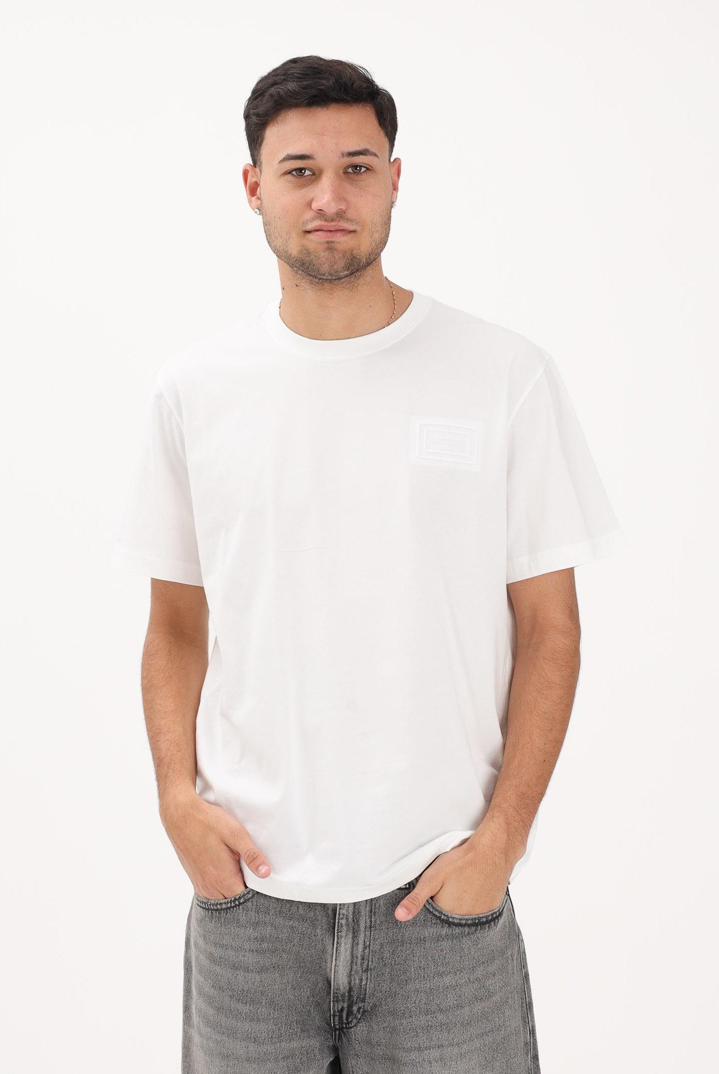 LACOSTE T-shirt a manica corta bianca da uomo con marchio goffrato<BR/> TH0753 70V LACOSTE