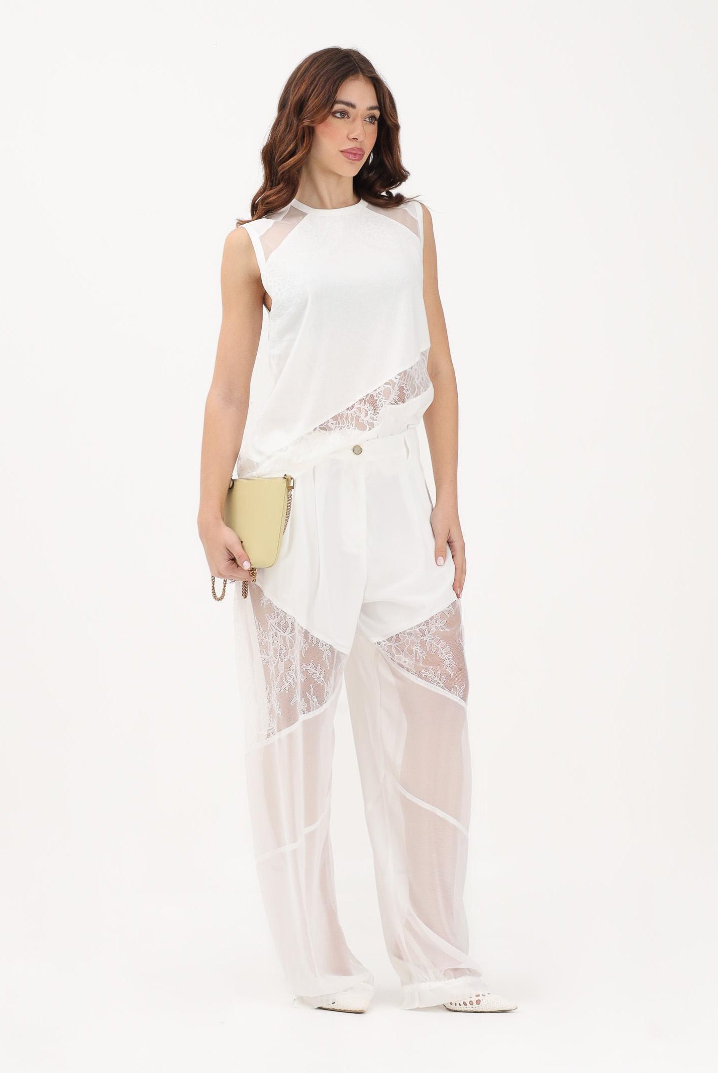 PINKO Pantalone elegante bianco da donna con inserti in pizzo 106275A336 Z05 PINKO
