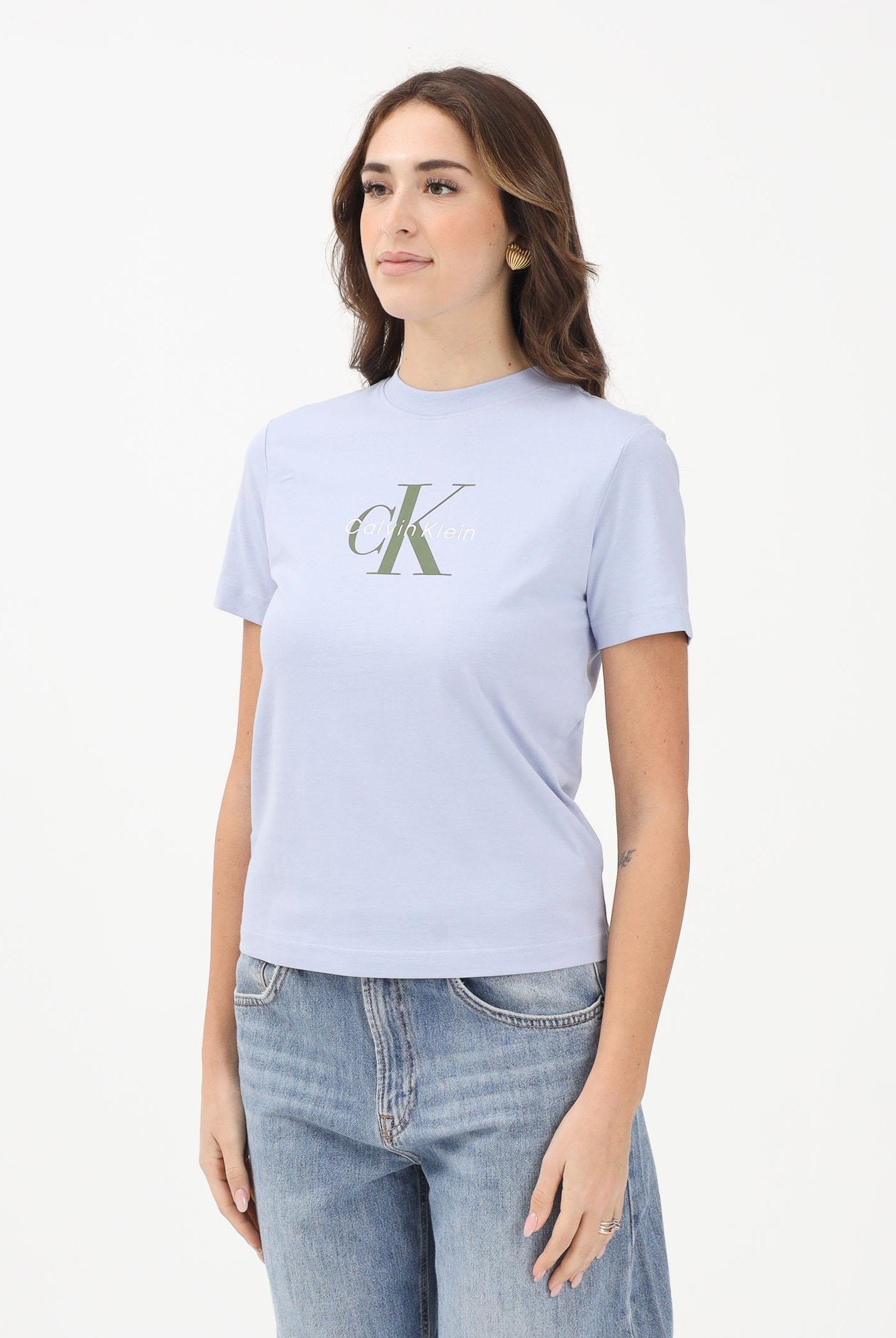 CALVIN KLEIN JEANS T-shirt a manica corta celeste da donna con logo LV047B865GTKF . CALVIN KLEIN JEANS