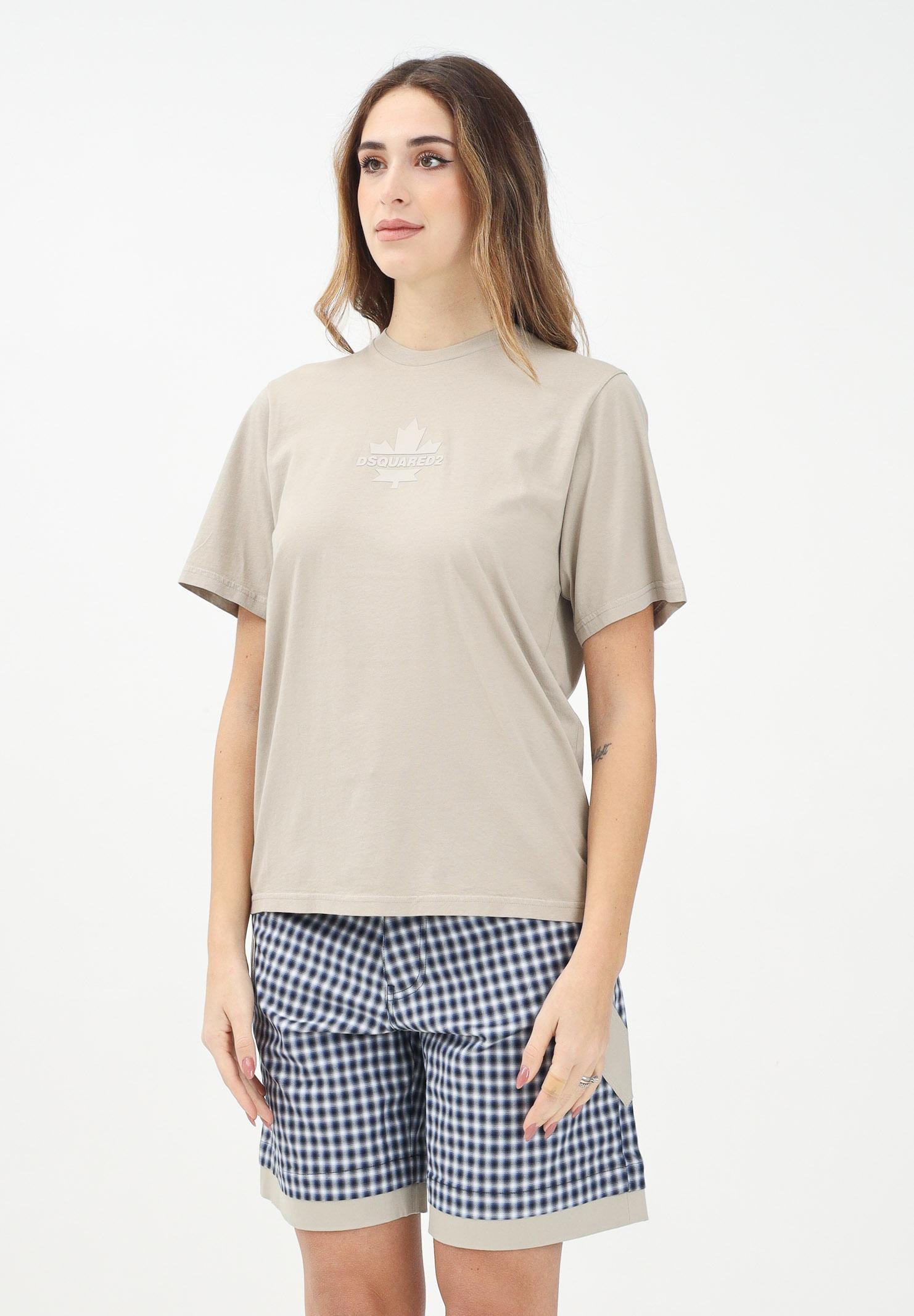 DSQUARED2 T-shirt a manica corta beige per donna, ragazzi e bambini con stampa logo su foglia d'acero DQ2743D0AC7 DQ717 DSQUARED2