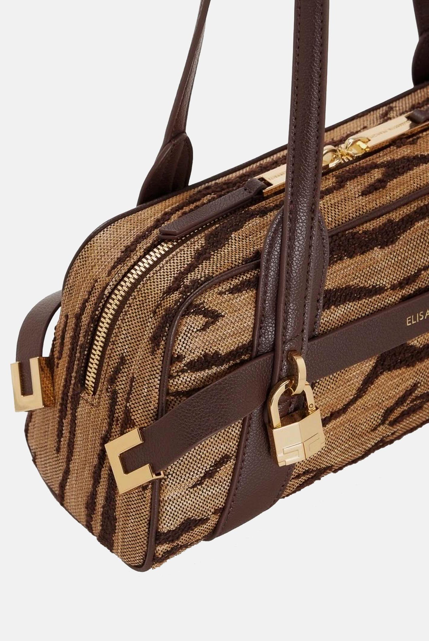 ELISABETTA FRANCHI Borsa a spalla cammello e marrone da donna con stampa tigre<BR/> BS11A62E2 470 ELISABETTA FRANCHI