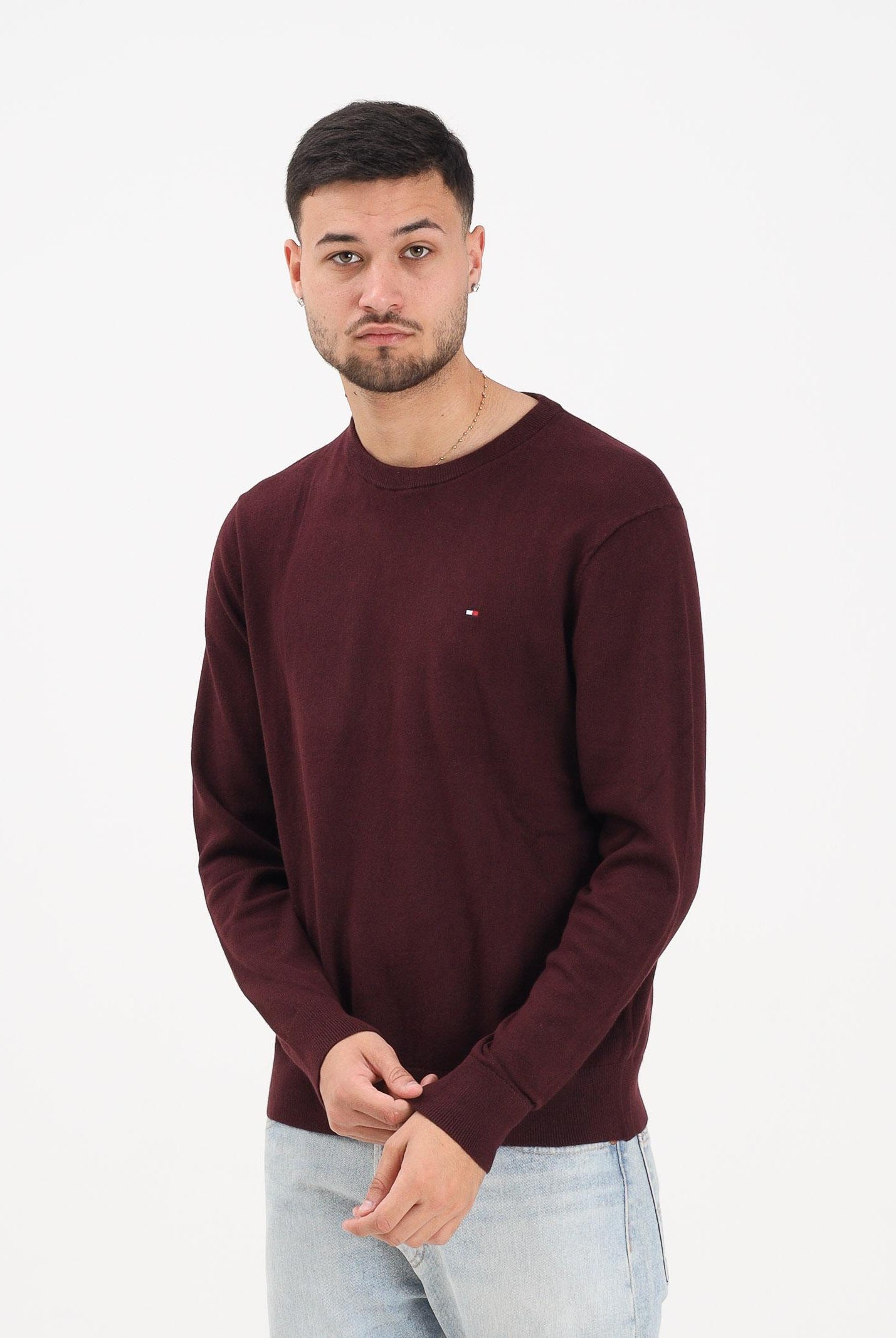 TOMMY HILFIGHER Maglioncino girocollo bordeaux da uomo con ricamo bandierina Tommy Hilfigher MW0MW28046XIH TOMMY HILFIGER