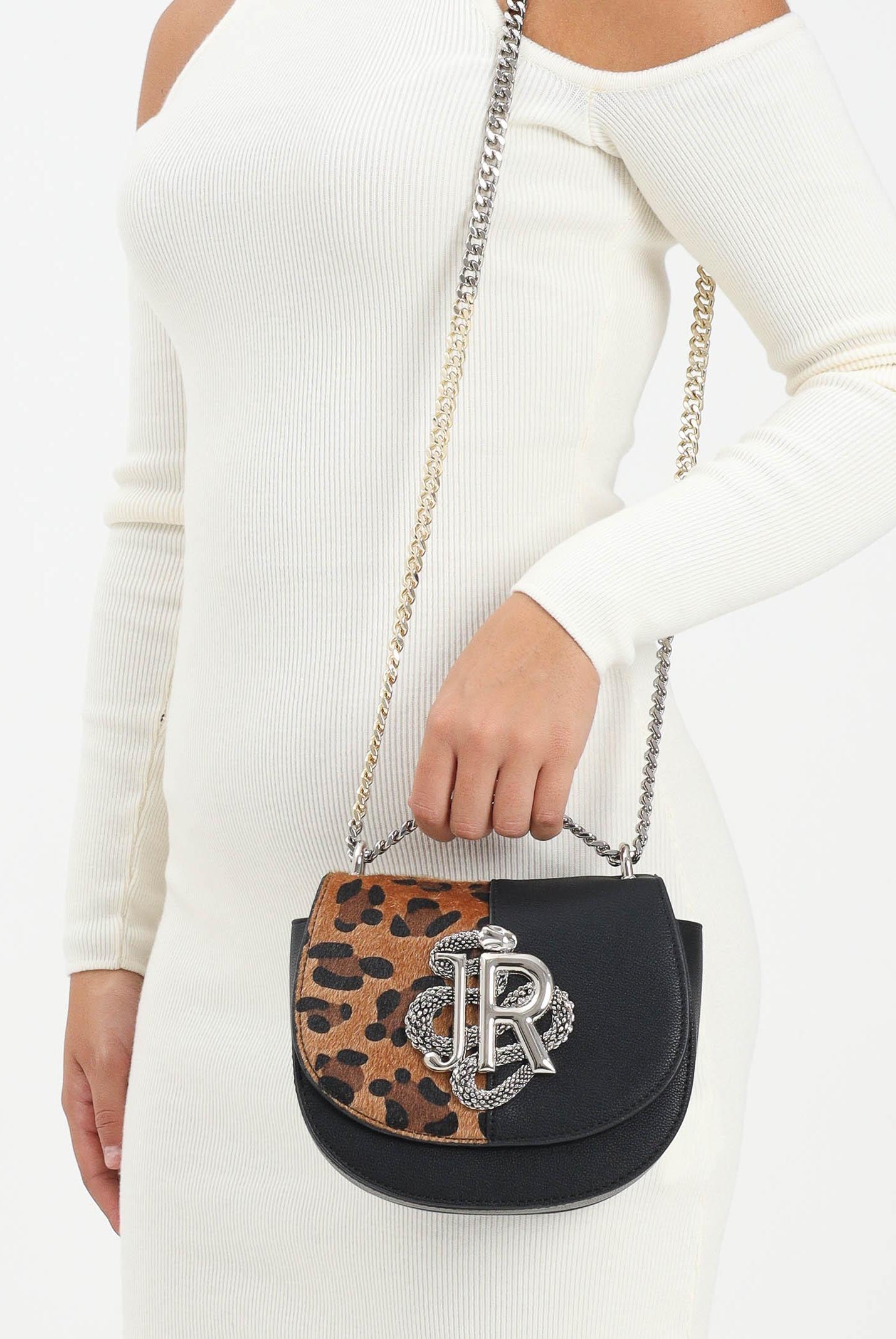 RICHMOND Borsa a tracolla nera da donna con inserto in pelo maculato e logo RWA25355BO BLSI RICHMOND