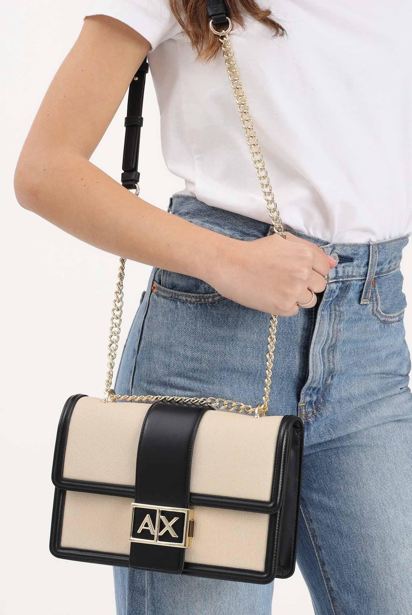 ARMANI EXCHANGE Borsa a tracolla beige e nera da donna con fibbia logo XW000070AF22570 MC479 ARMANI EXCHANGE