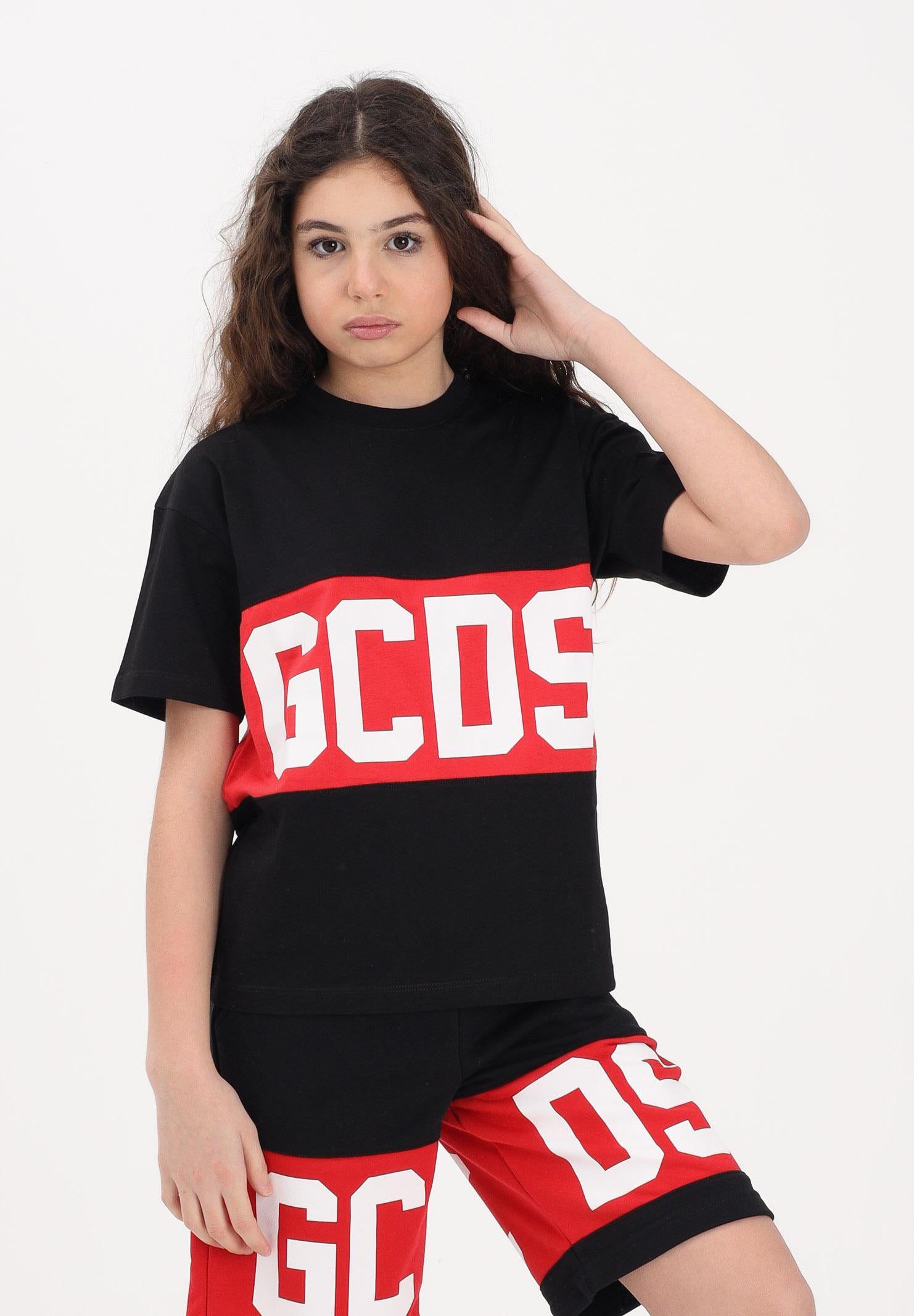 GCDS T-shirt a manica corta nera per donna, ragazzi e bambini con stampa logo Z0UJQC585J105 999R GCDS