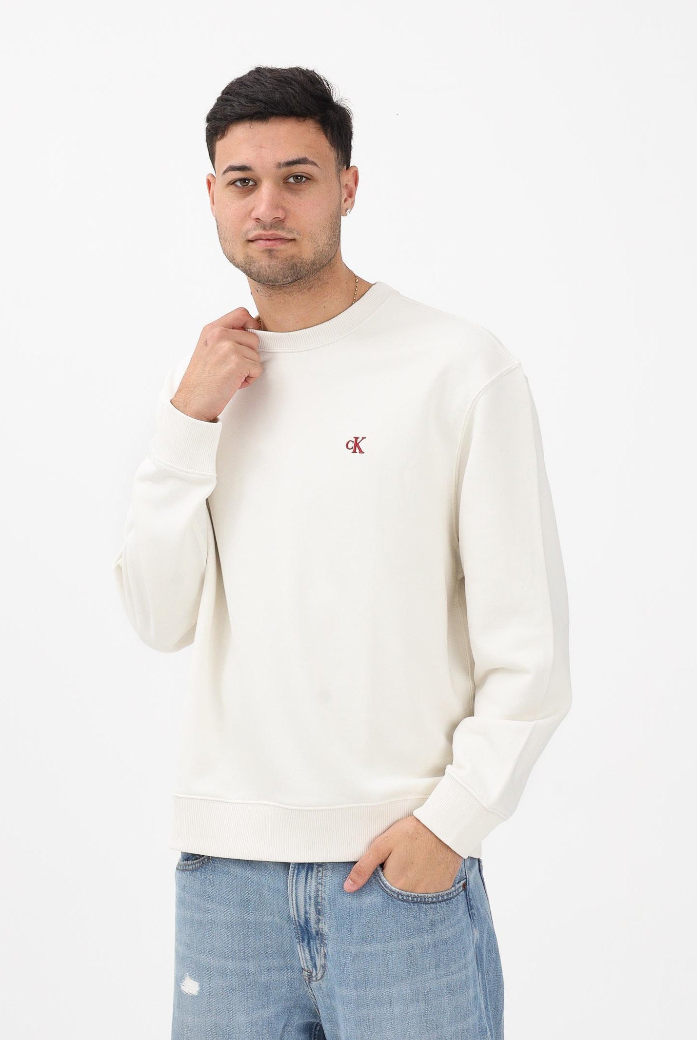 CALVIN KLEIN JEANS Felpa girocollo panna da uomo con logo LV04RC296GYAS . CALVIN KLEIN JEANS