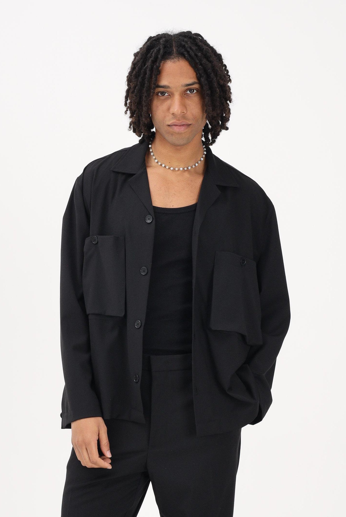 I'M BRIAN Camicia a manica lunga nera da uomo con tasche cargo CA3625 009 I'M BRIAN