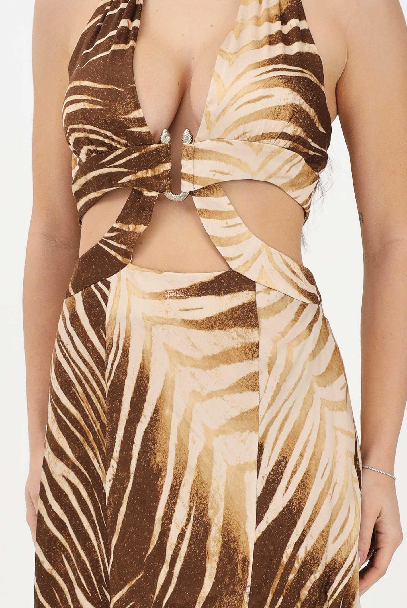 JUST CAVALLI Abito lungo beige e marrone da donna con stampa di foglie 80PAO919NS819 751 JUST CAVALLI