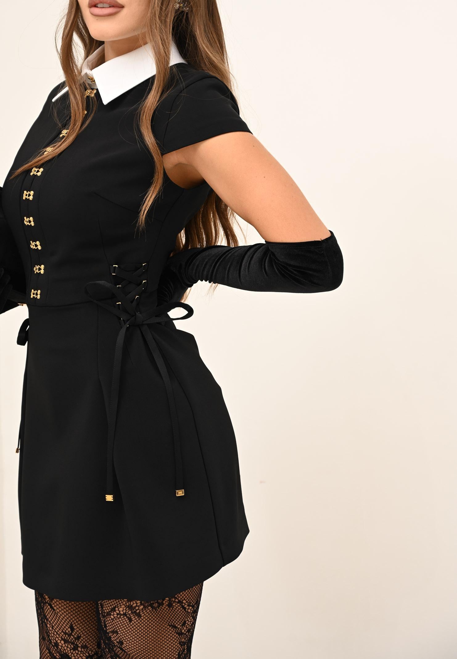 ELISABETTA FRANCHI Abito corto nero da donna in raso e popeline con ganci gioiello AB89957E2 222 ELISABETTA FRANCHI